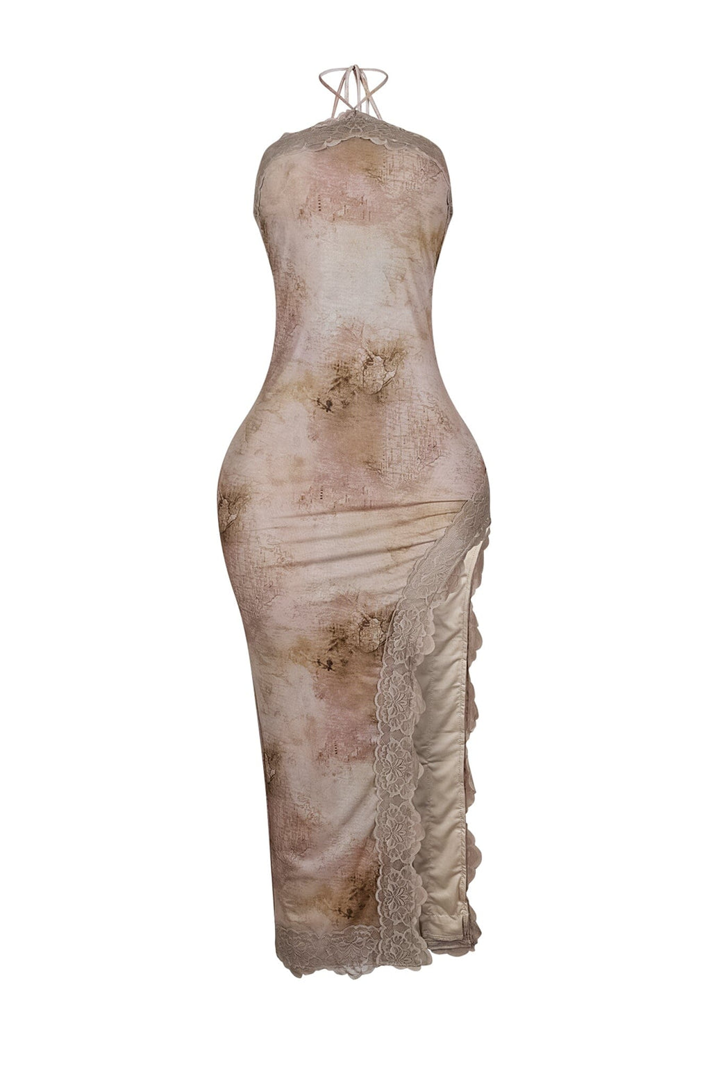 Flona Print Halter Lace Maxi Dress