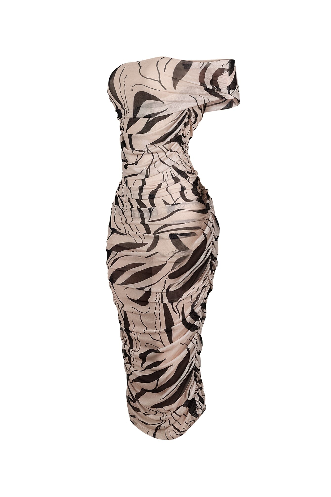 Araceli Mesh Zebra Printed Ruched Midi Dress