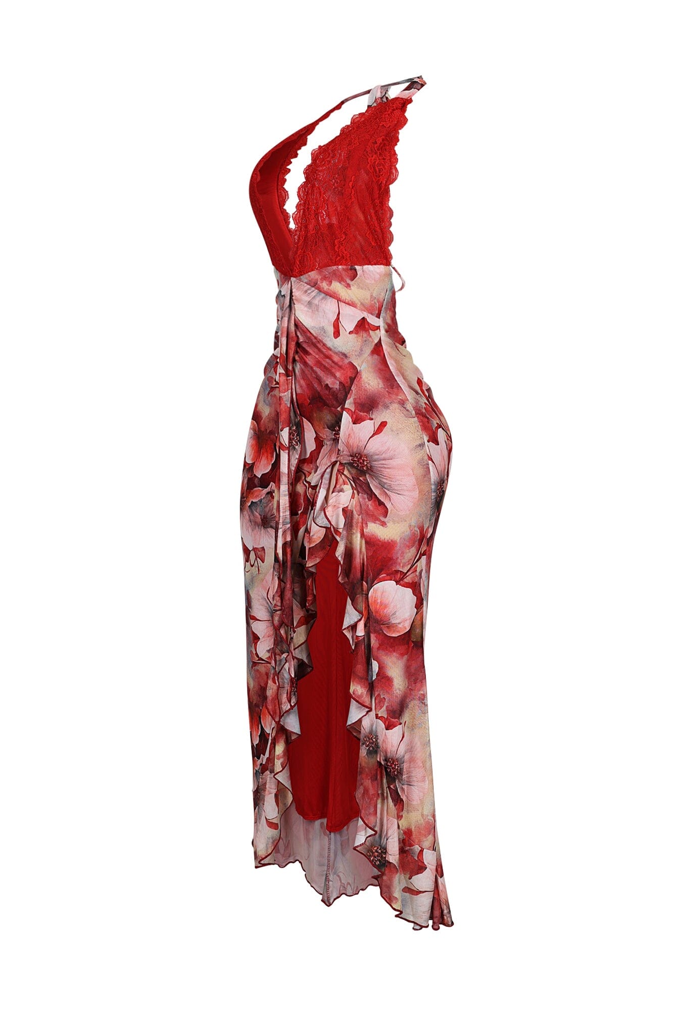 Fariah Print Lace Halter Ruffle Maxi Dress