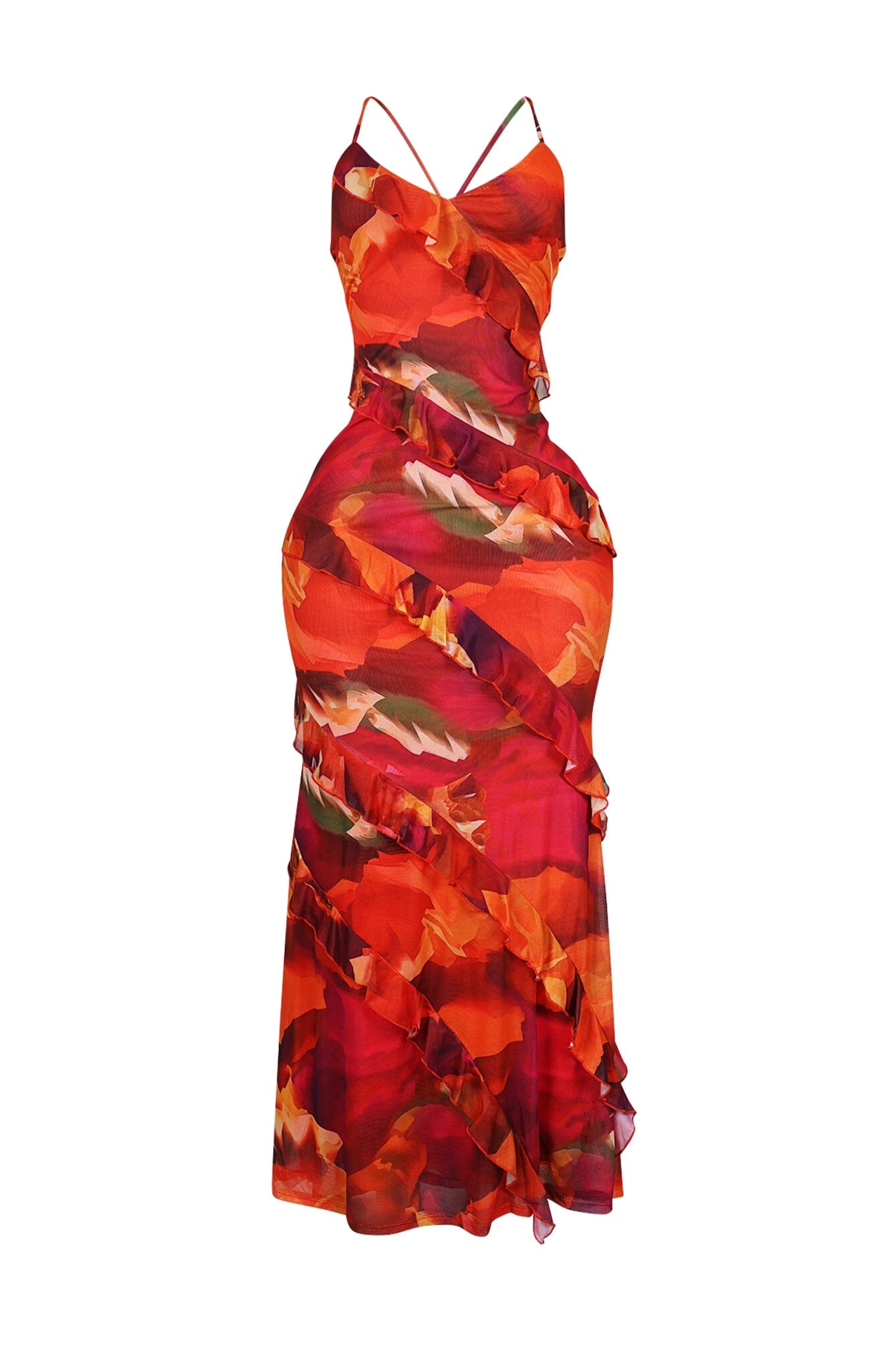 Jody Mesh Print Ruffle Maxi Dress
