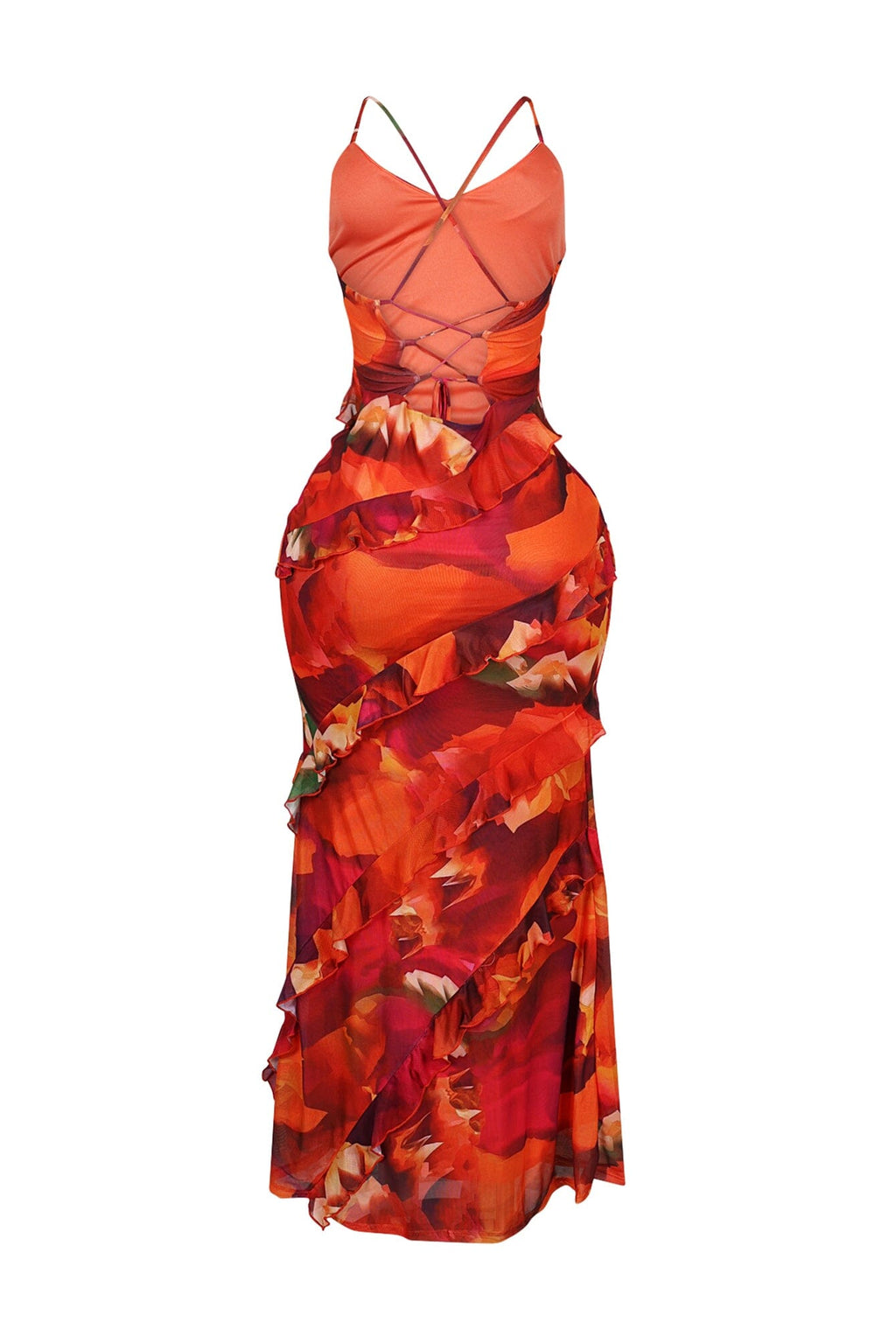 Jody Mesh Print Ruffle Maxi Dress