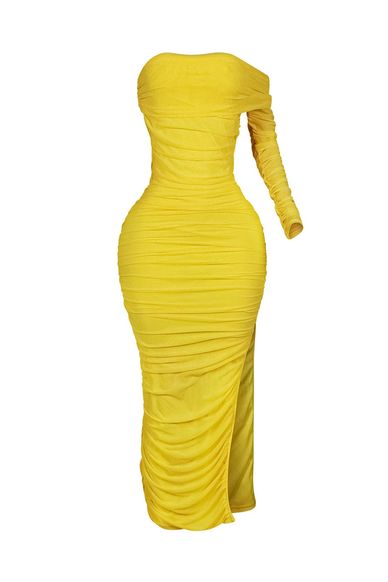 So Dramatic Mesh Ruched One Sleeve Dress