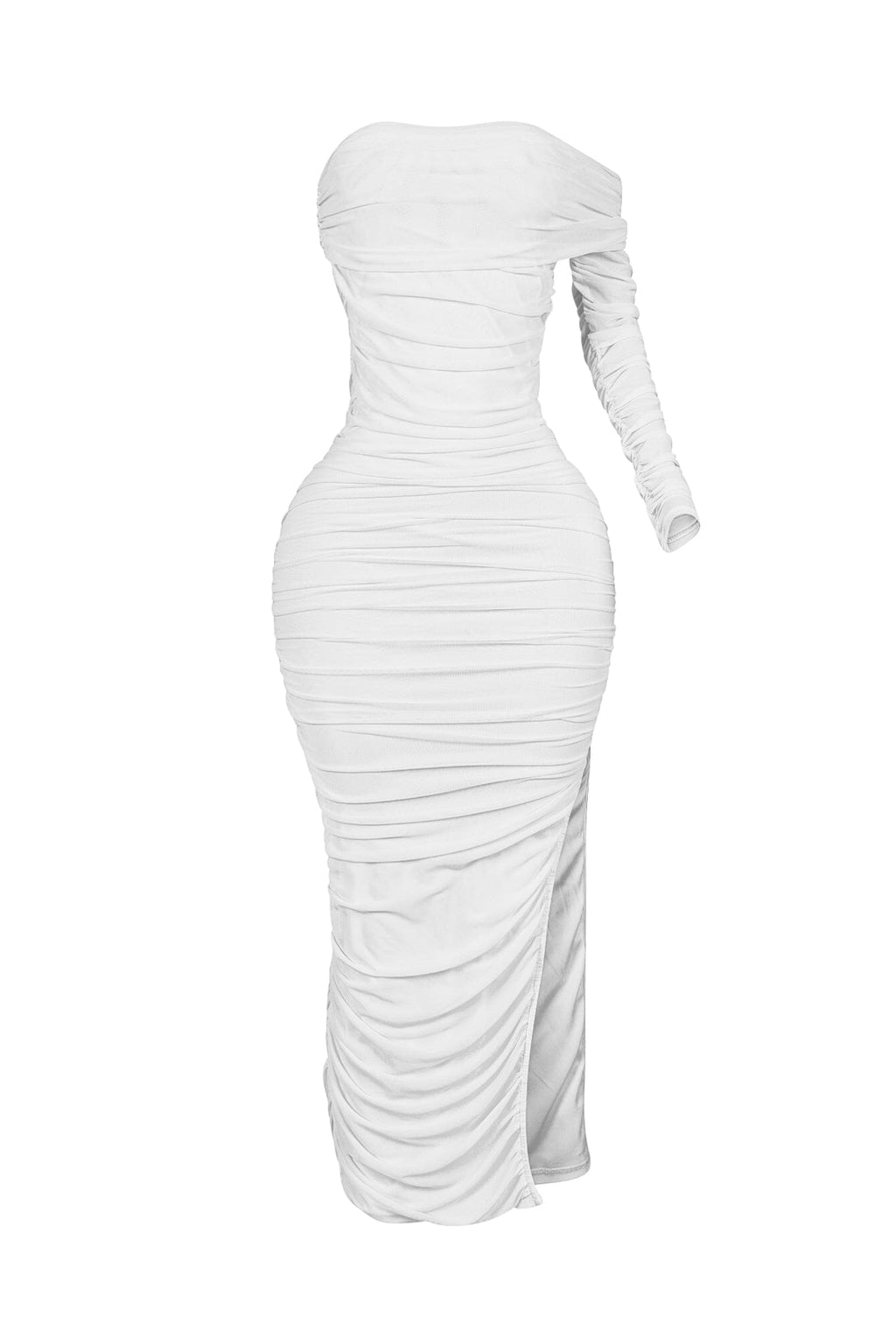 So Dramatic Mesh Ruched One Sleeve Dress