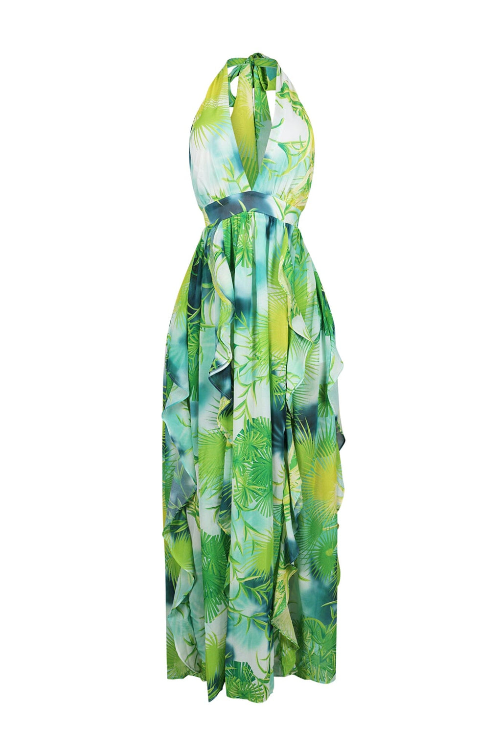 Chiffon Printed Ruffle Halter Neck Maxi Dress