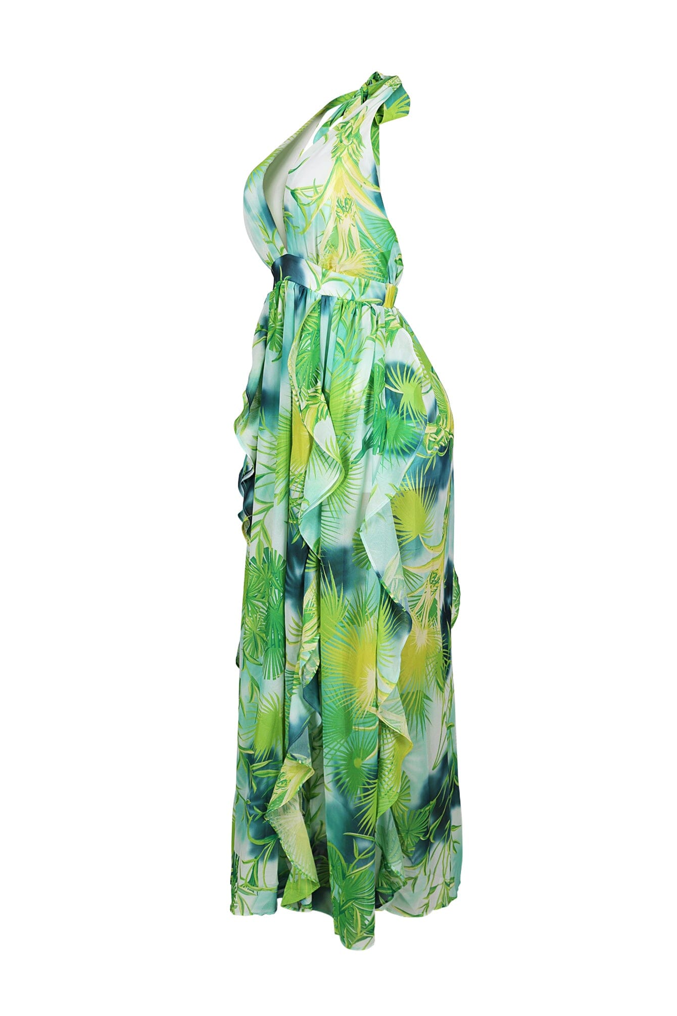 Chiffon Printed Ruffle Halter Neck Maxi Dress