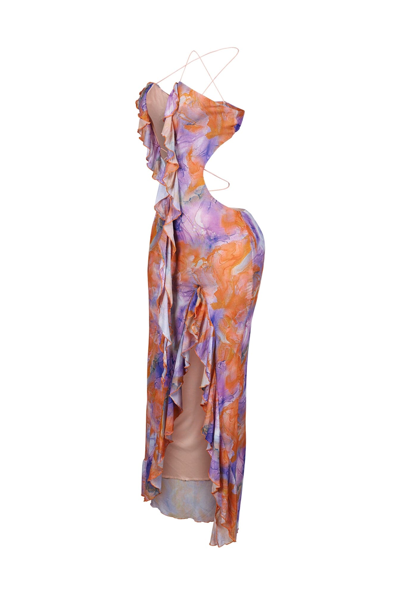 Everest Mesh Printed Ruffle Maxi Dress