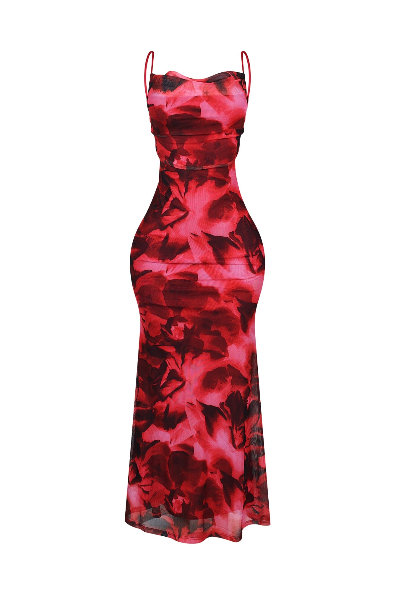 Hena Mesh Printed Cowl Neck Maxi Dress