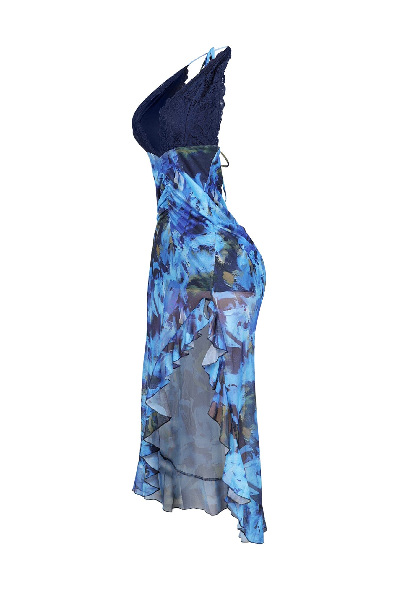 Fitted Mesh Printed Halter Maxi Dress