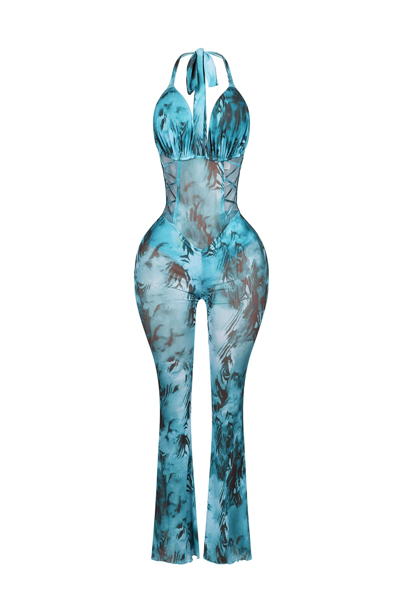 Seductive Mesh Cutout Halter Jumpsuit