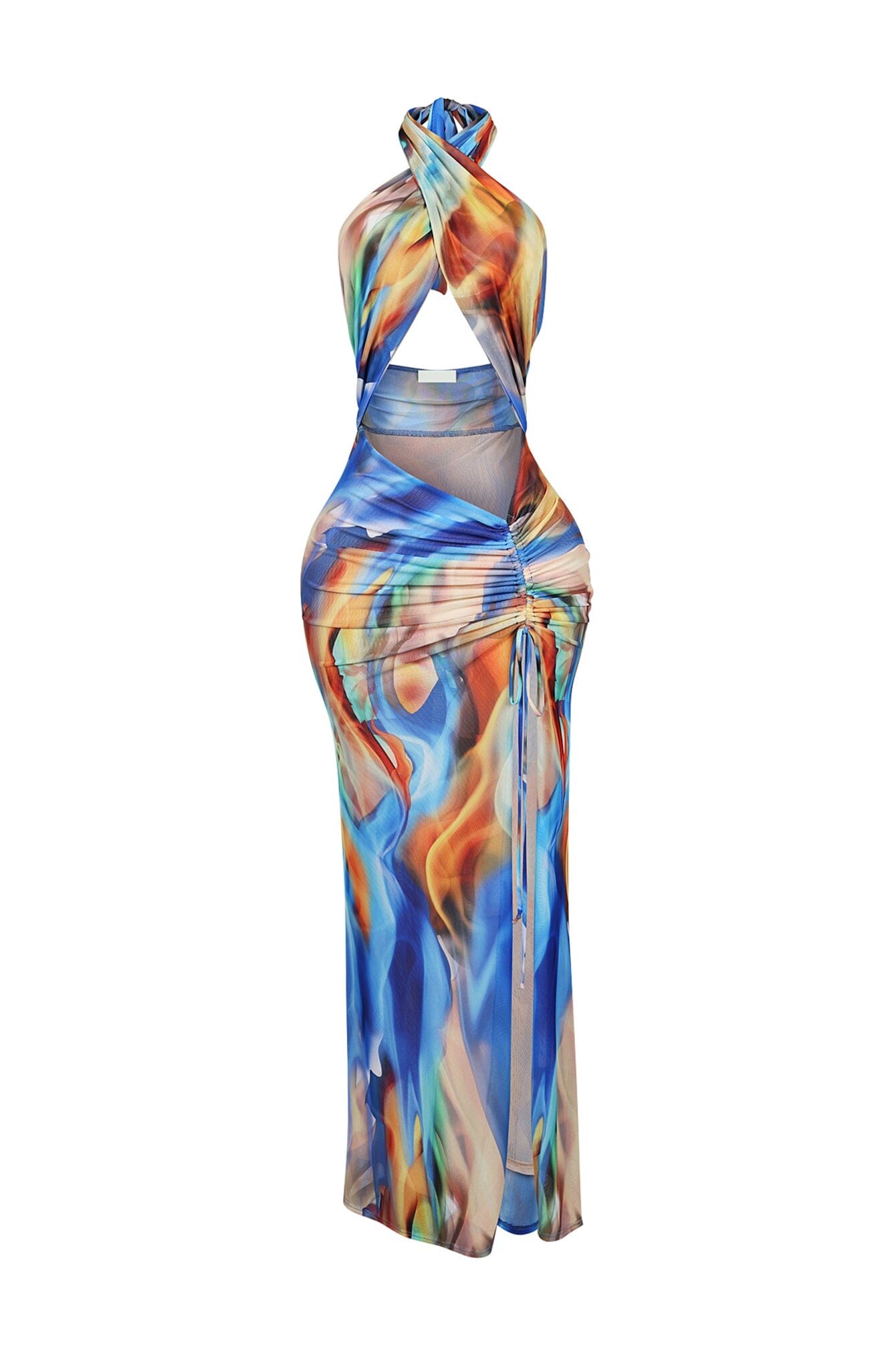 Blue Marble Printed Mesh Halter Dress