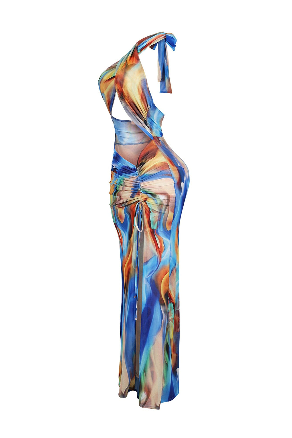 Blue Marble Printed Mesh Halter Dress