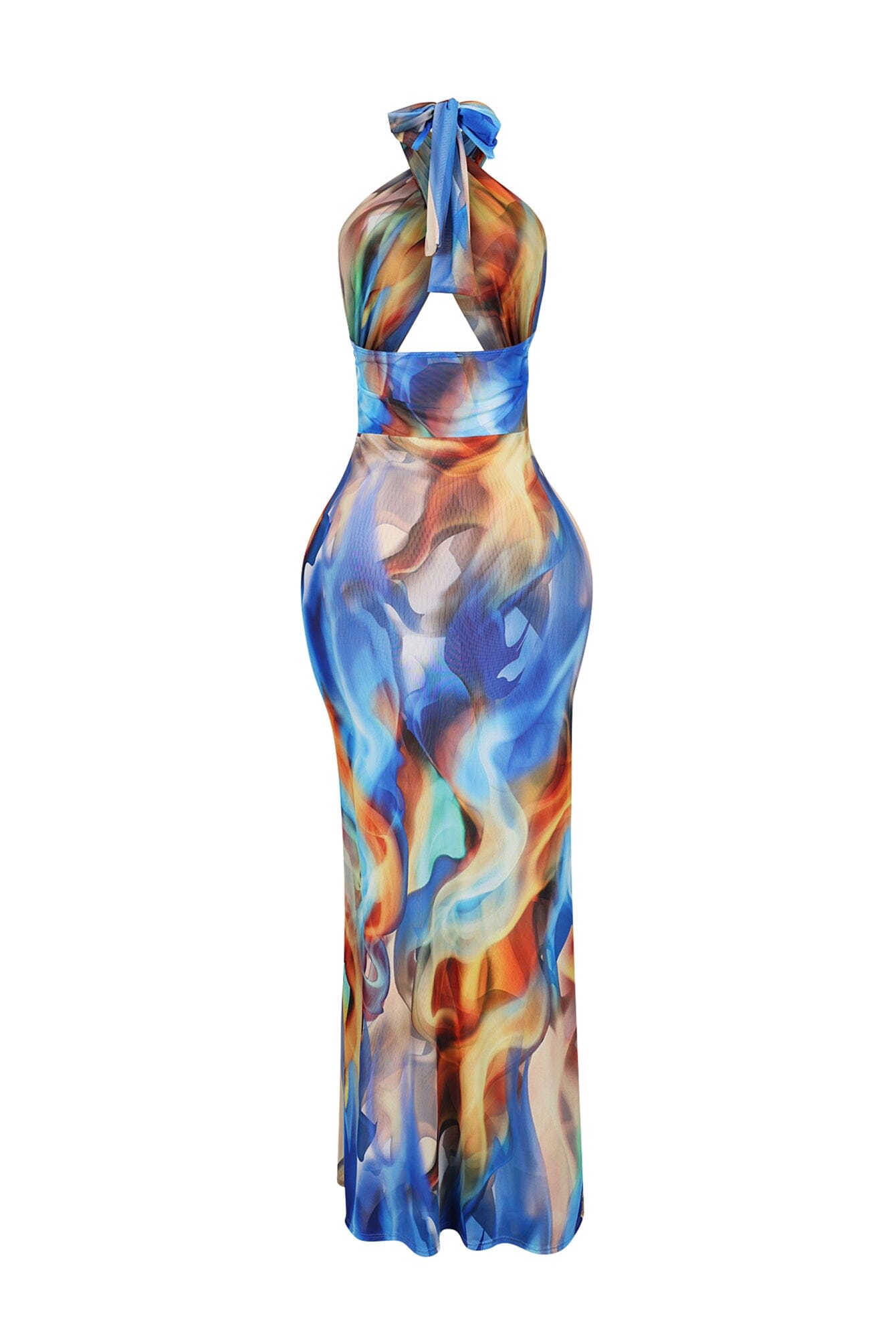 Blue Marble Printed Mesh Halter Dress