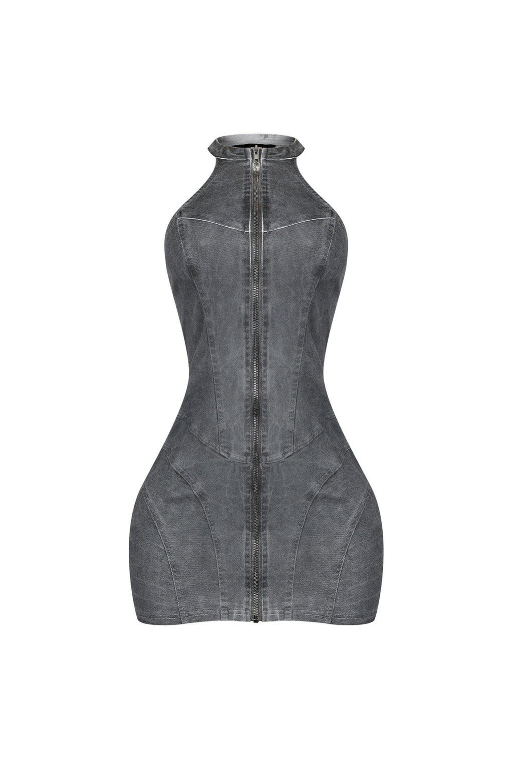Denim Washed Halter Zip Up Mini Dress
