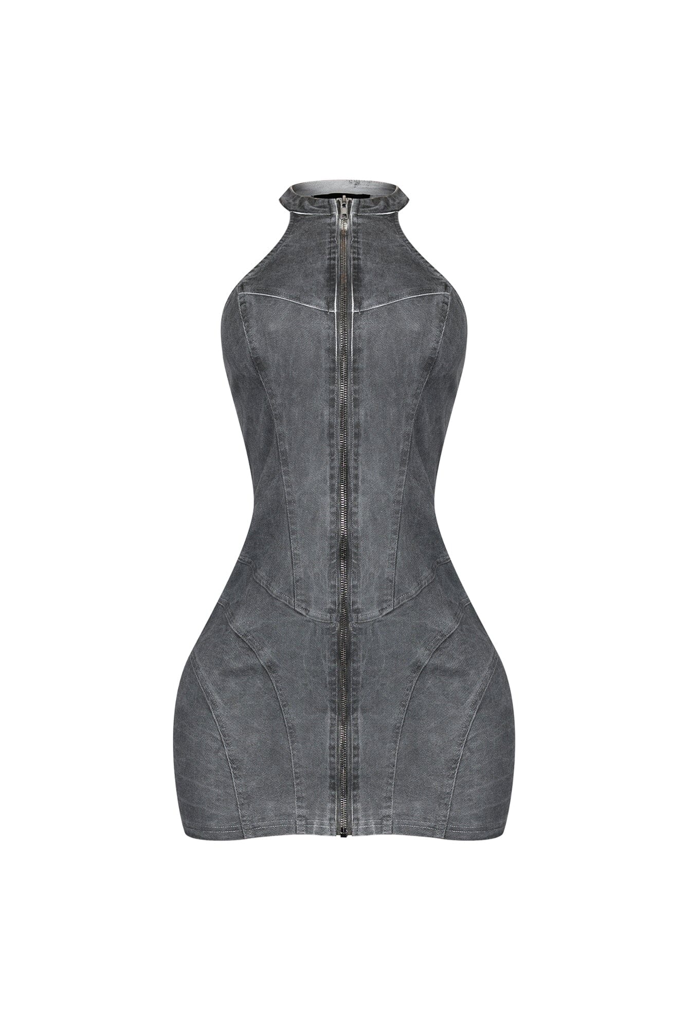 Denim Washed Halter Zip Up Mini Dress
