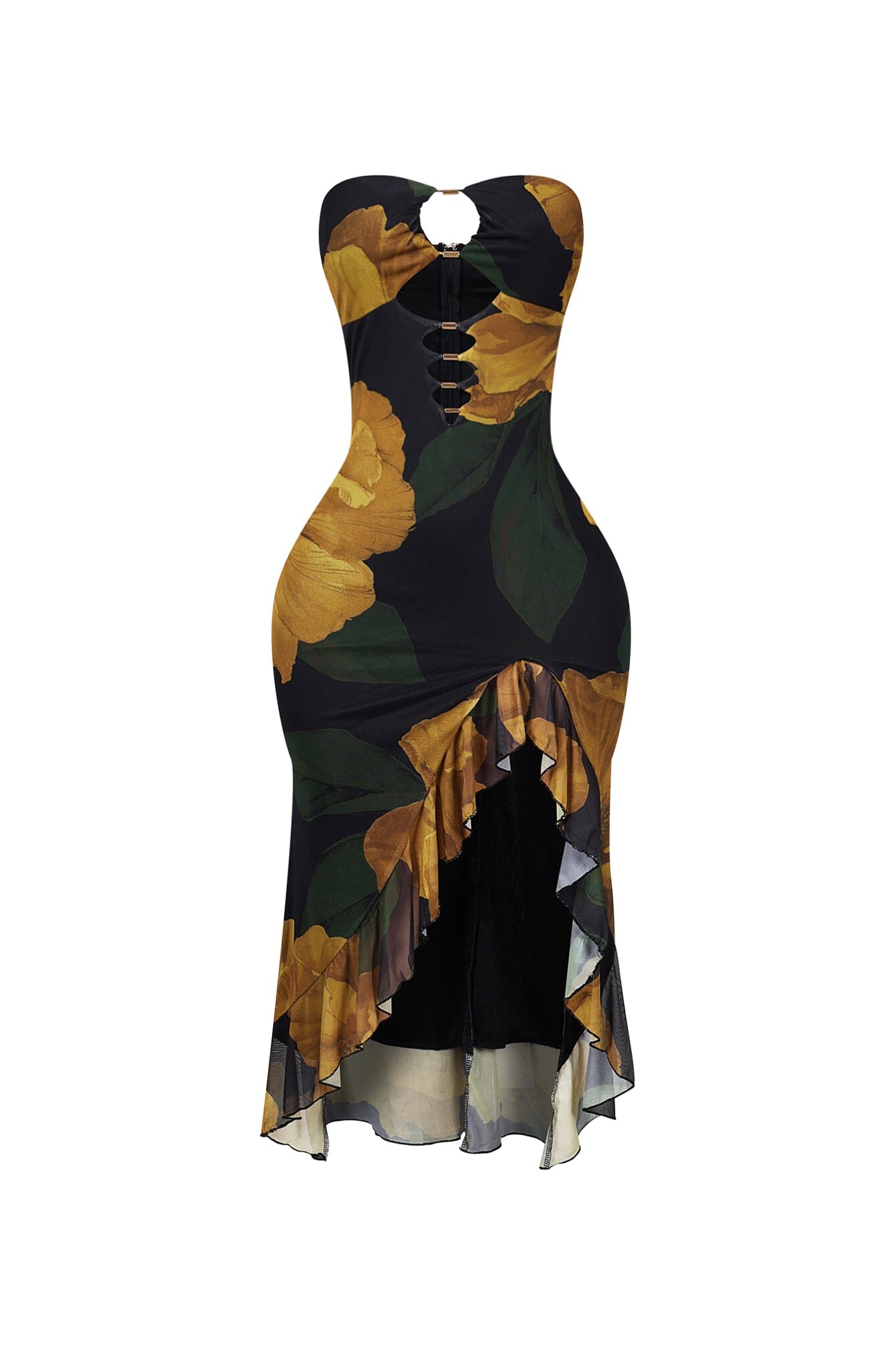 Golden Petal Ruffled Floral Tube Dress