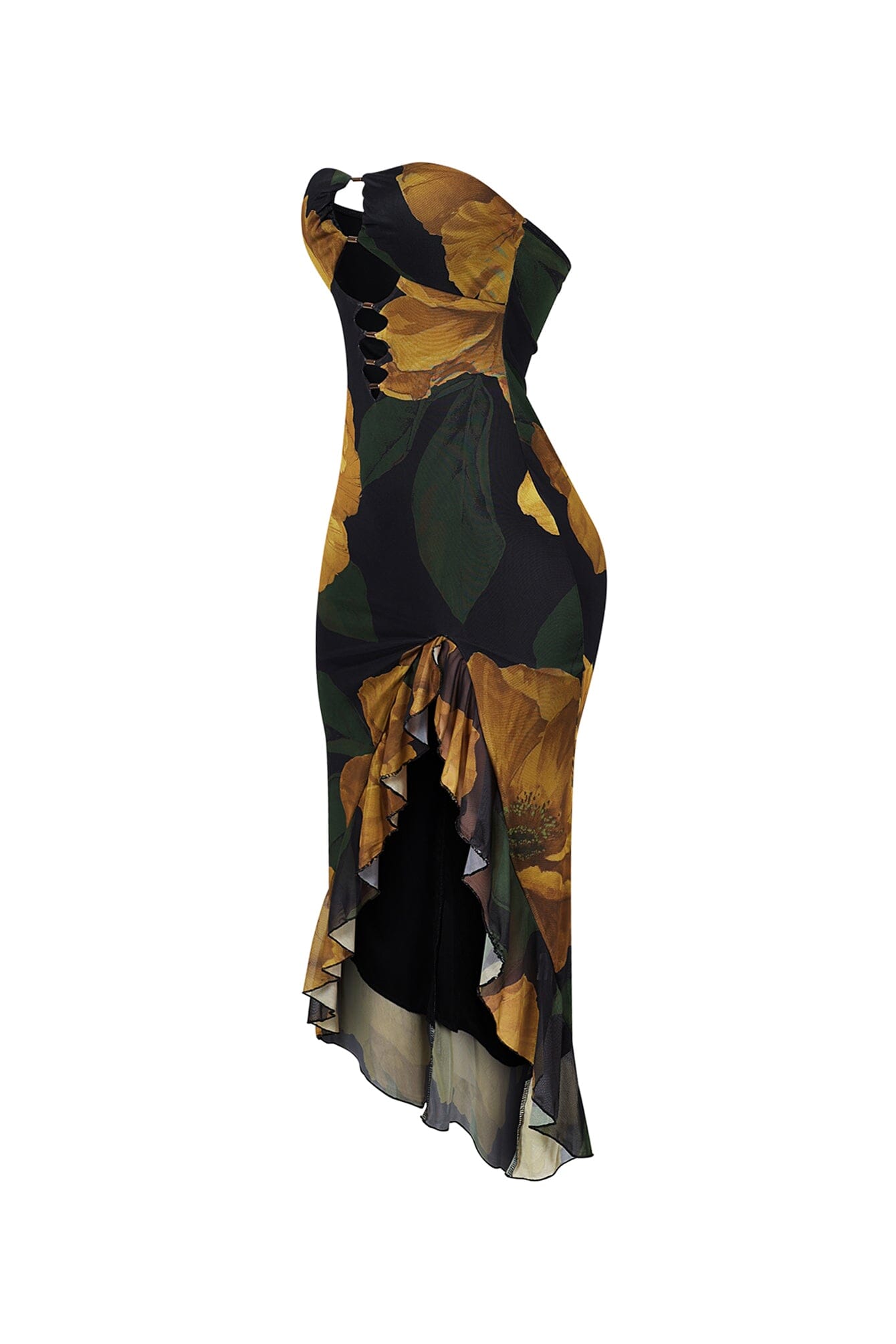 Golden Petal Ruffled Floral Tube Dress