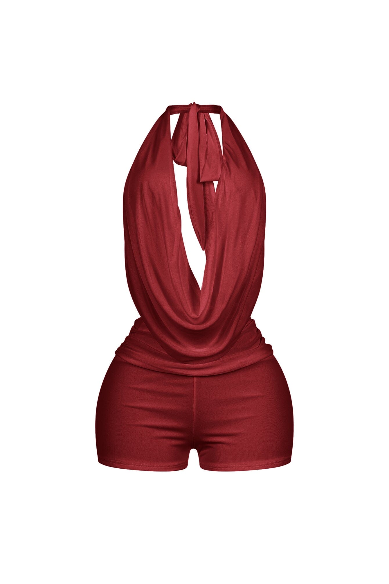 Wine Glow Mesh Cowl Neck Halter Romper