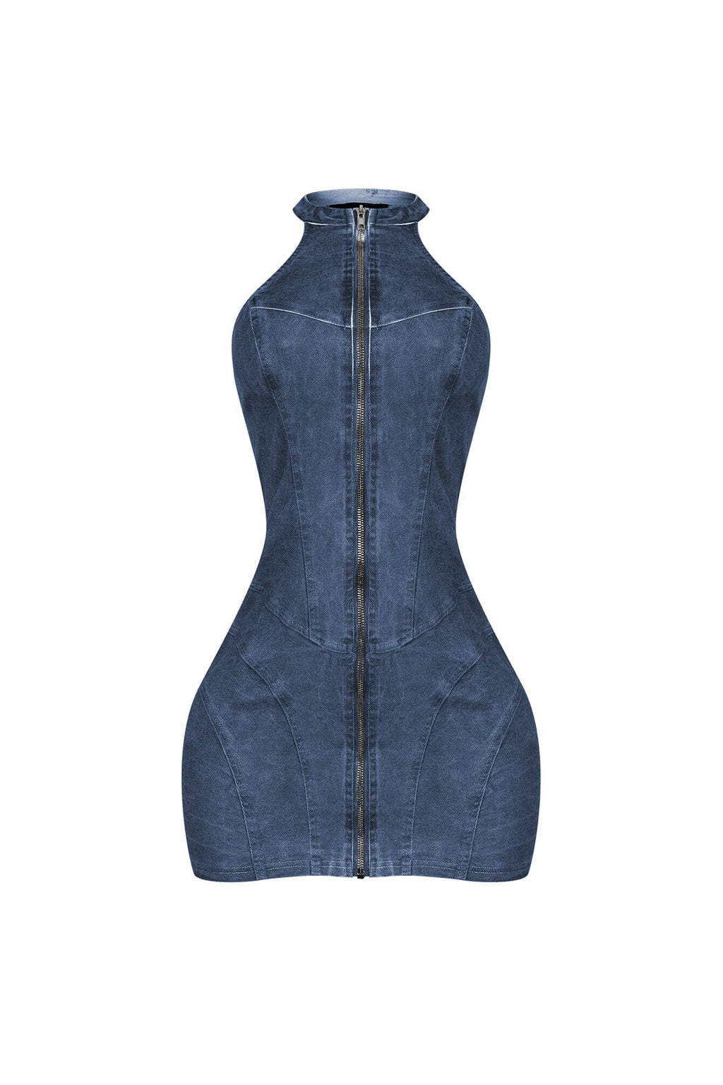 Denim Washed Halter Zip Up Mini Dress
