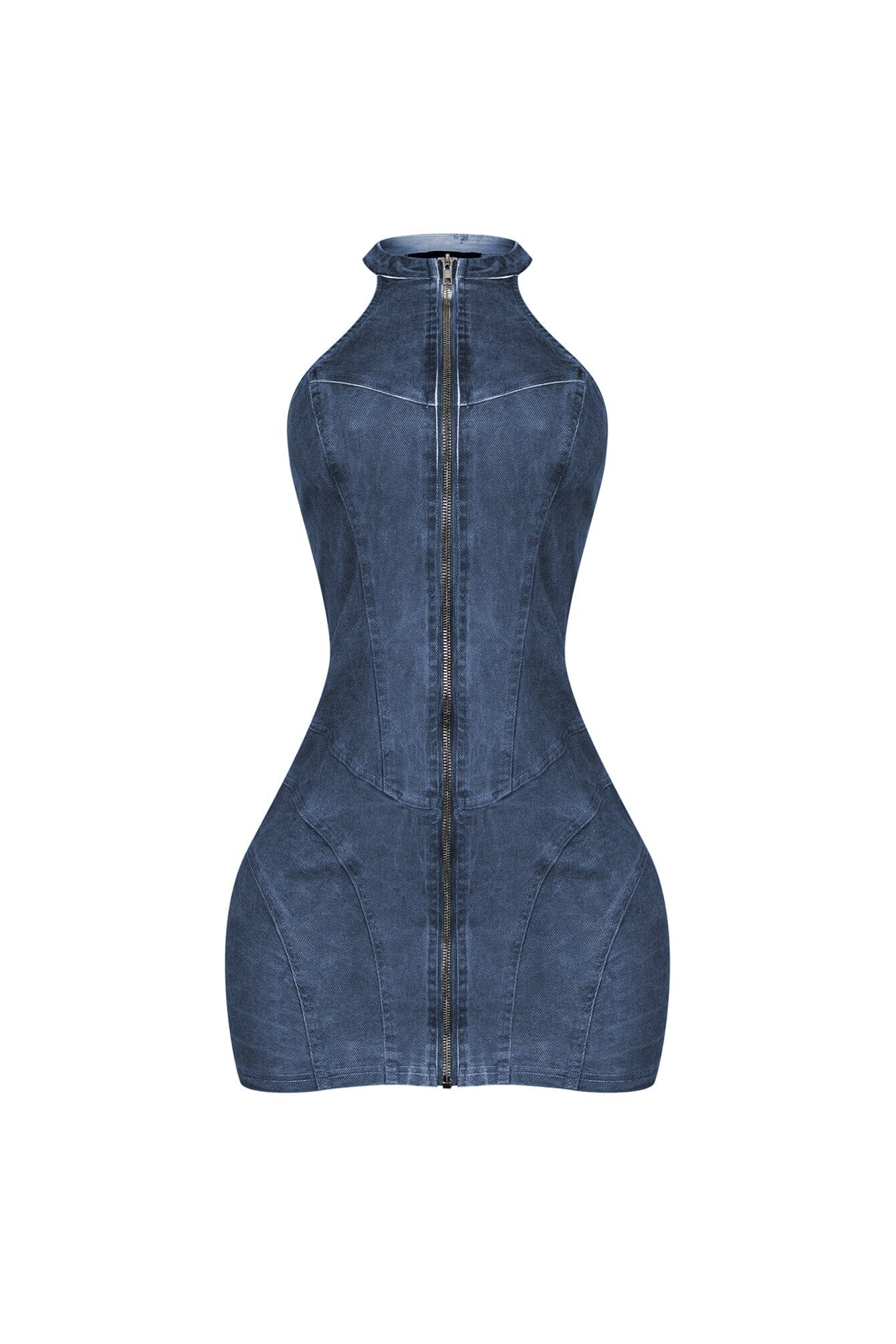 Denim Washed Halter Zip Up Mini Dress