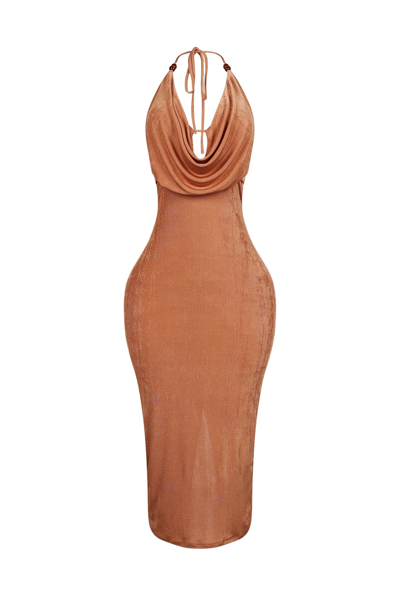 Truffle Slinky Cowl Neck Halter Midi Dress