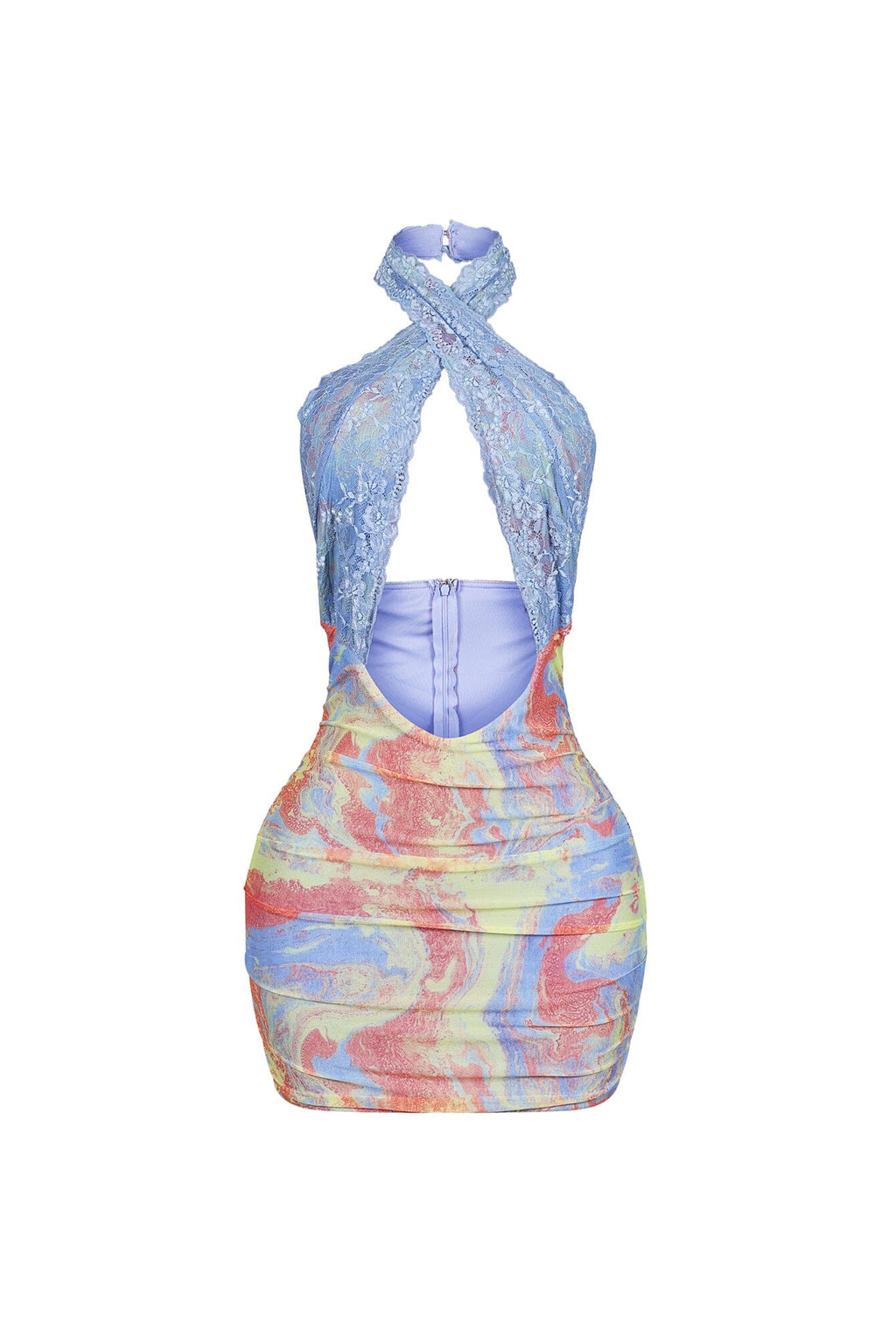 Ethereal Mesh Print Lace Halter Mini Dress