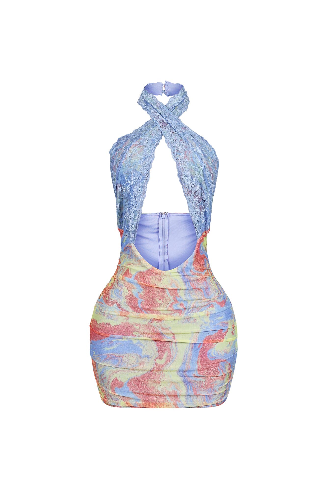 Ethereal Mesh Print Lace Halter Mini Dress