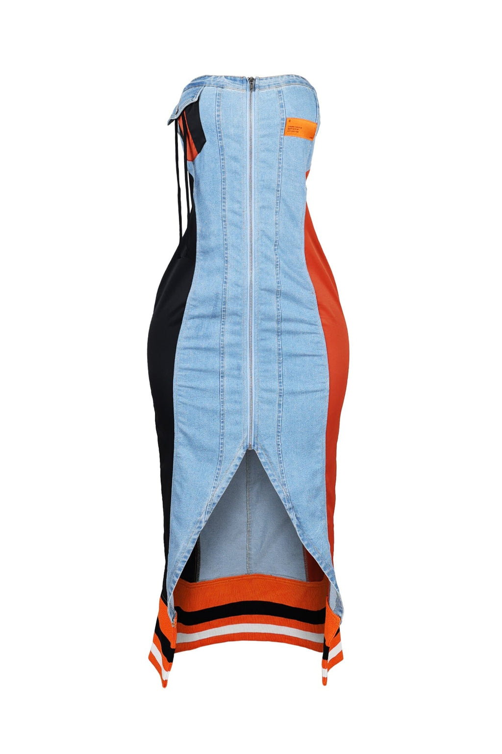 Raw Edge Color Blocked Denim Midi Dress