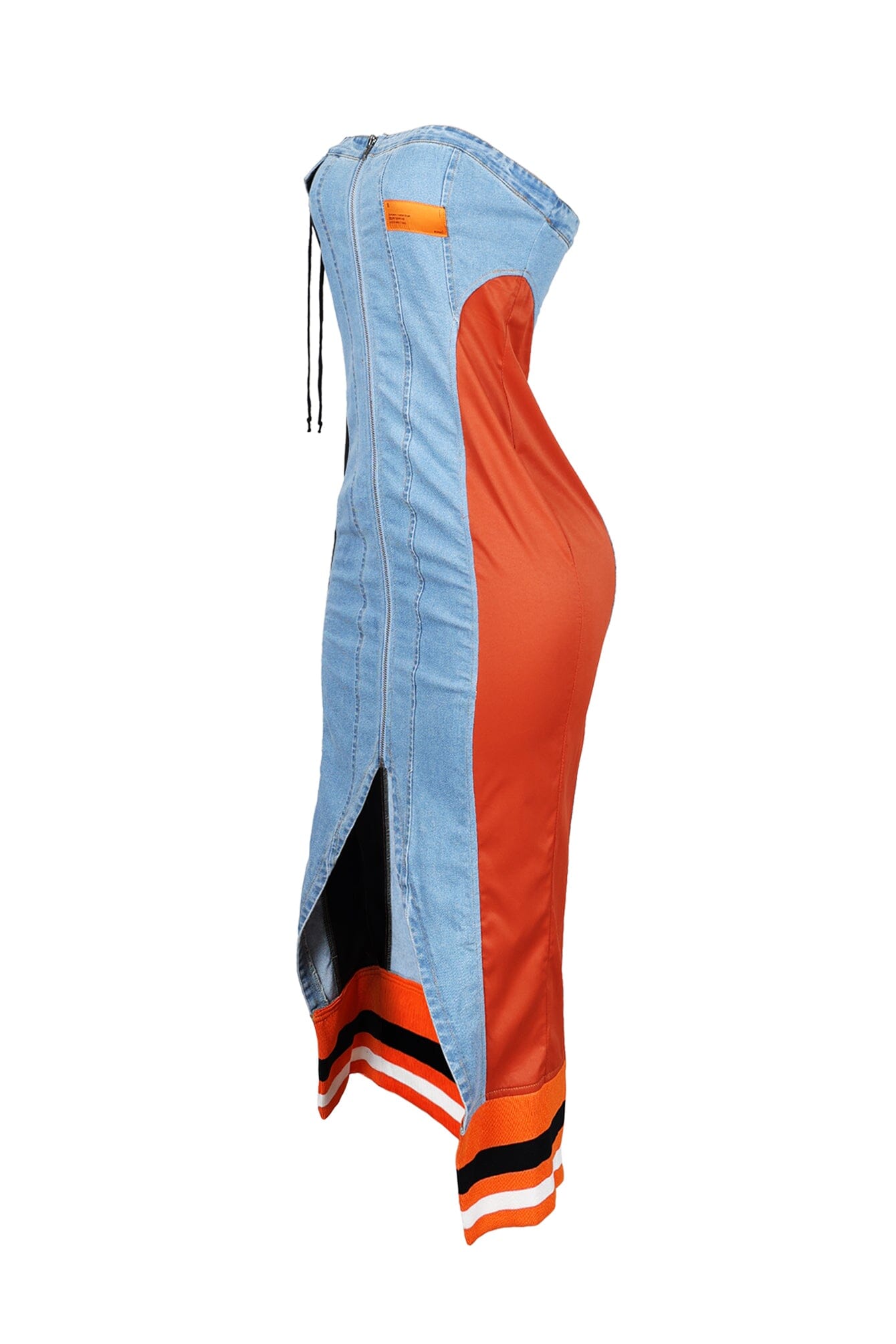 Raw Edge Color Blocked Denim Midi Dress