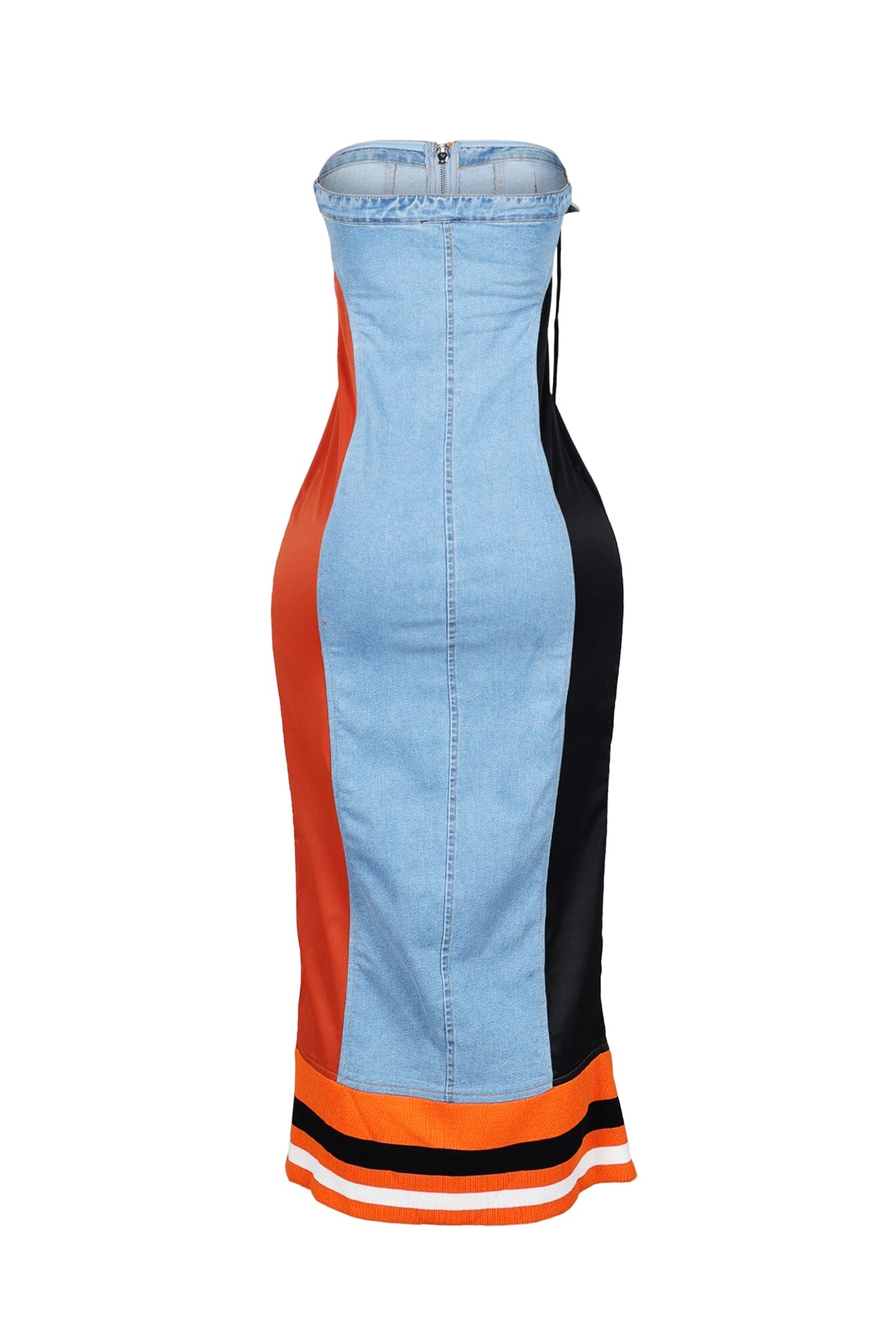 Raw Edge Color Blocked Denim Midi Dress