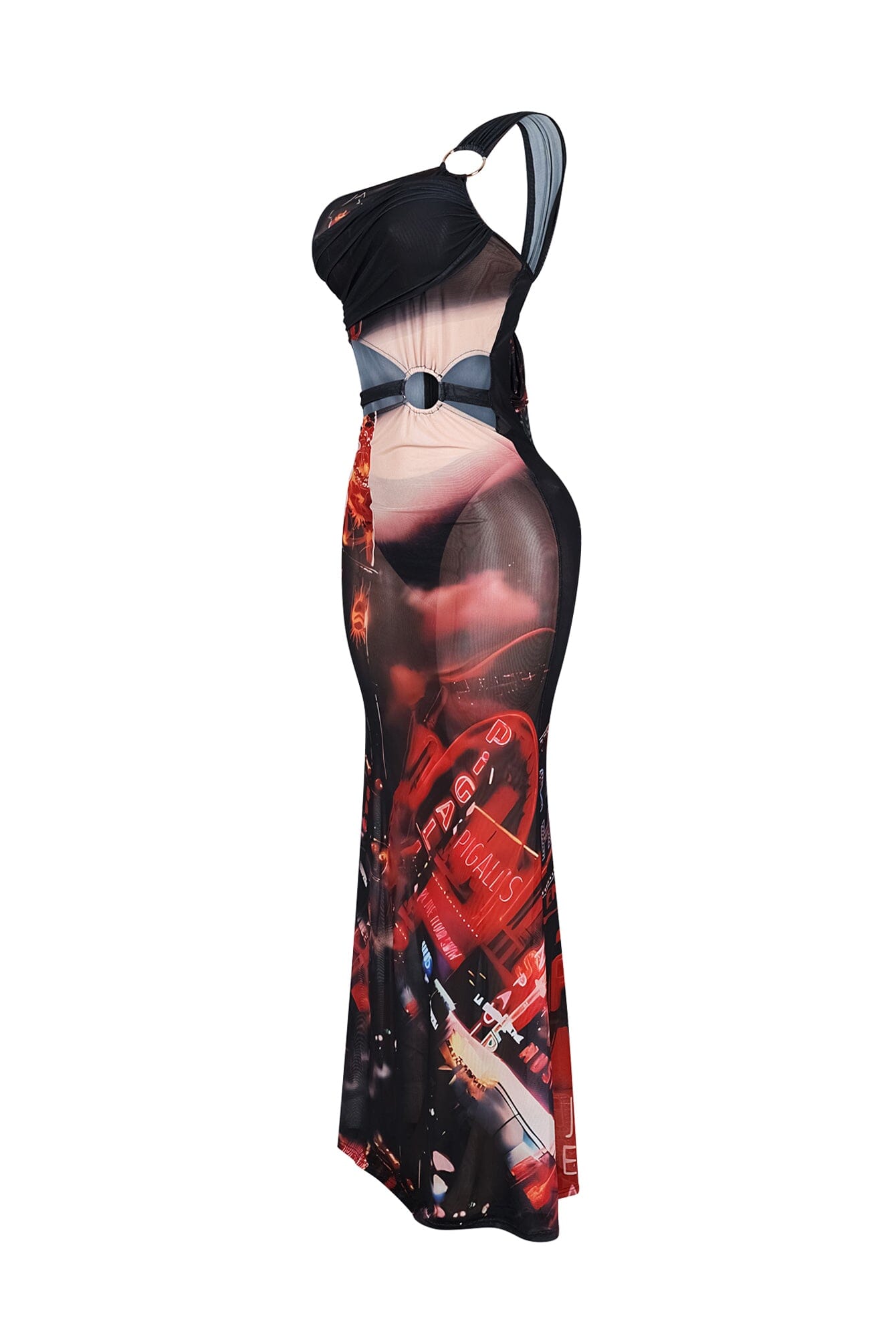 Metro Mesh Print One Shoulder Cutout Maxi Dress