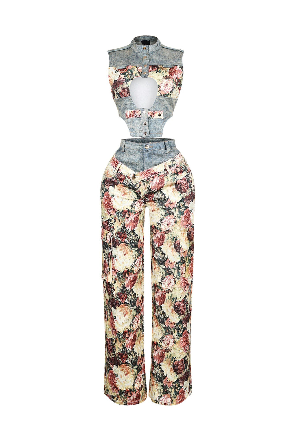 Shaka Denim Floral Contrast Top & Pants SET