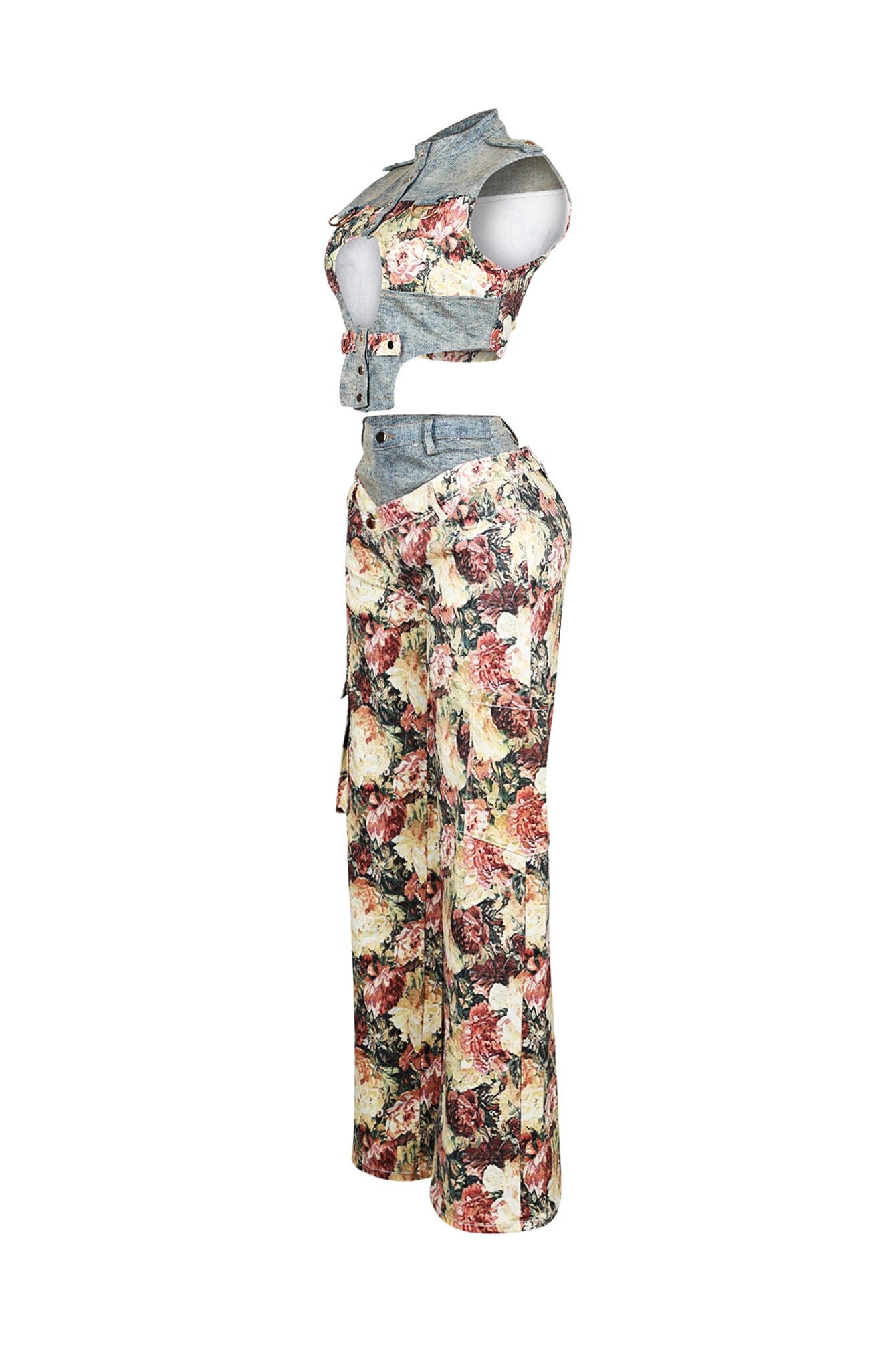 Shaka Denim Floral Contrast Top & Pants SET
