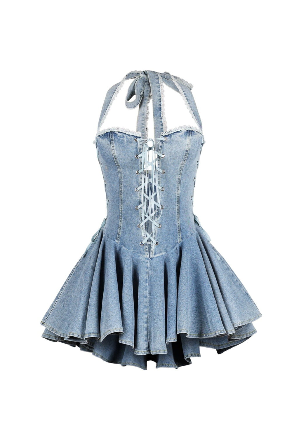Bluebell Lace Up Denim Halter Mini Dress
