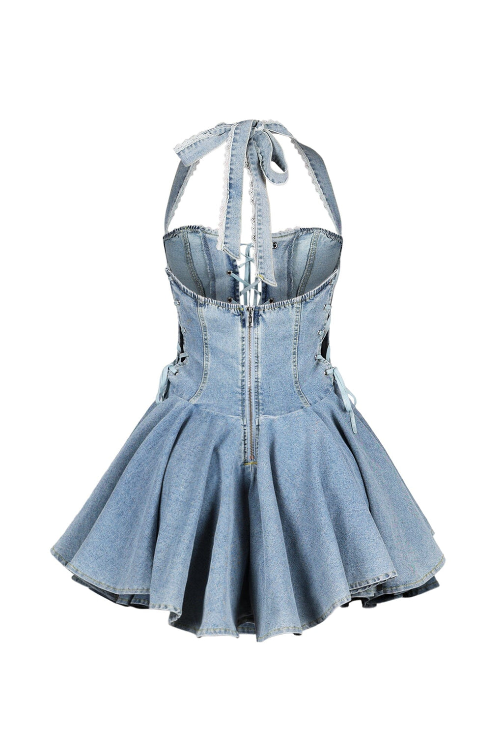 Bluebell Lace Up Denim Halter Mini Dress