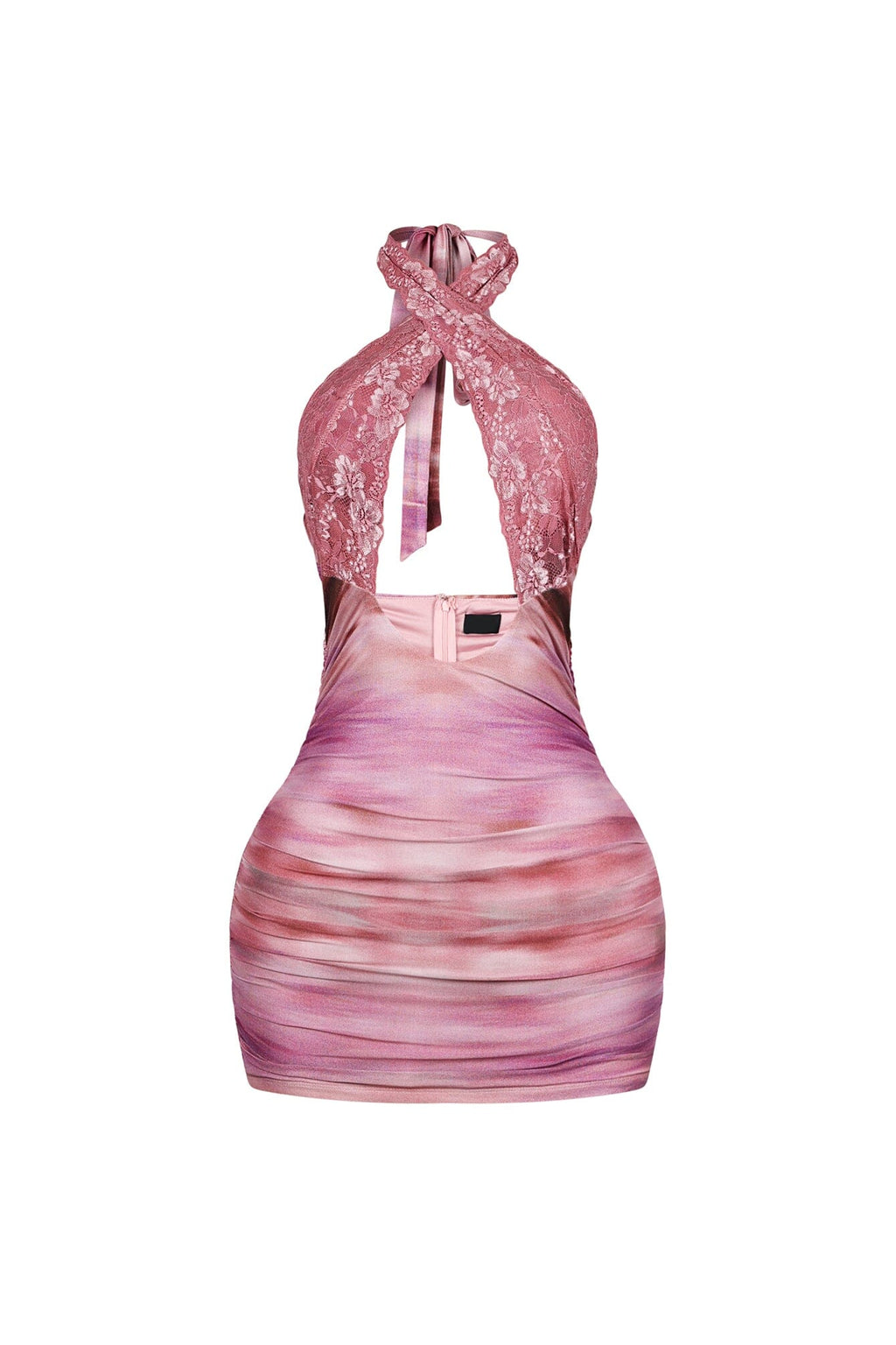 Noeline Mesh Print Lace Halter Mini Dress