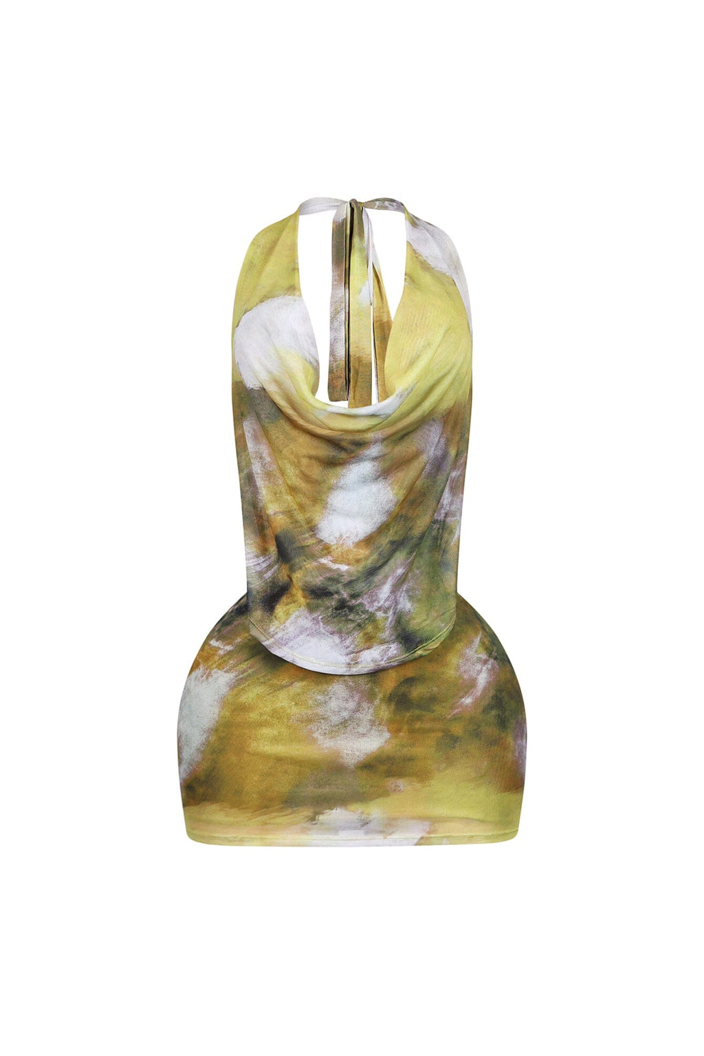 Printflow Mesh Halter Cowl Mini Dress