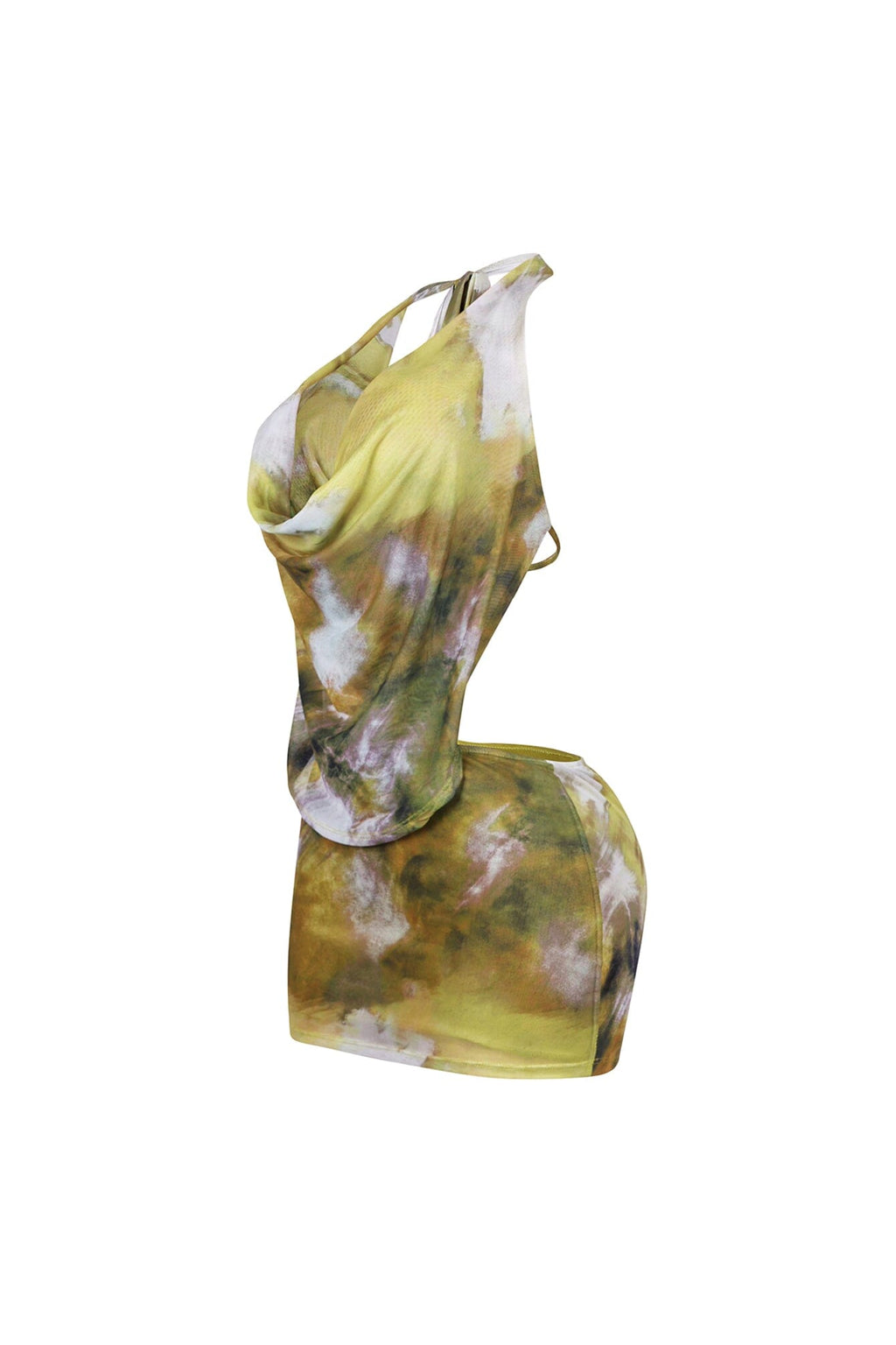 Printflow Mesh Halter Cowl Mini Dress