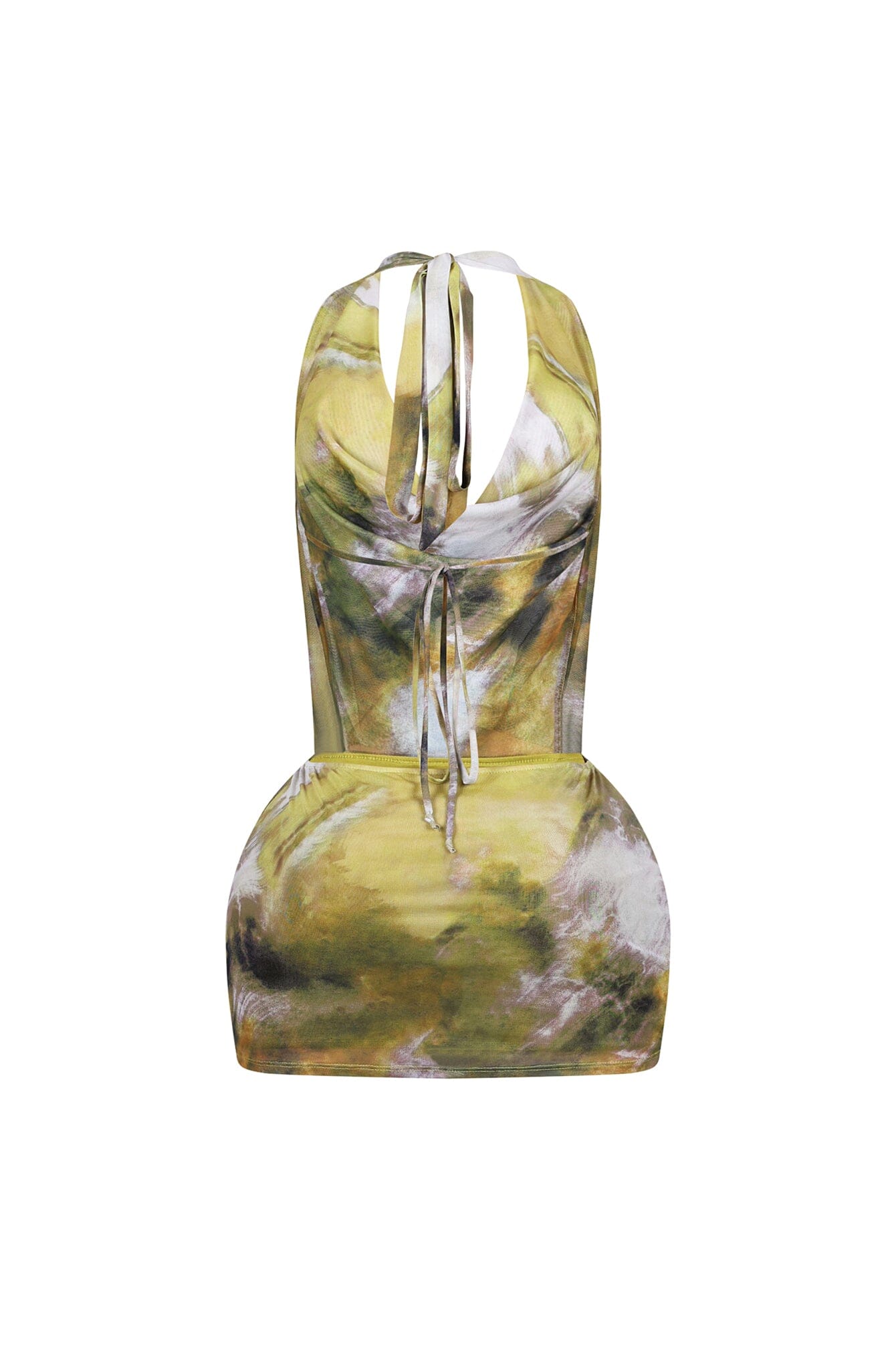 Printflow Mesh Halter Cowl Mini Dress