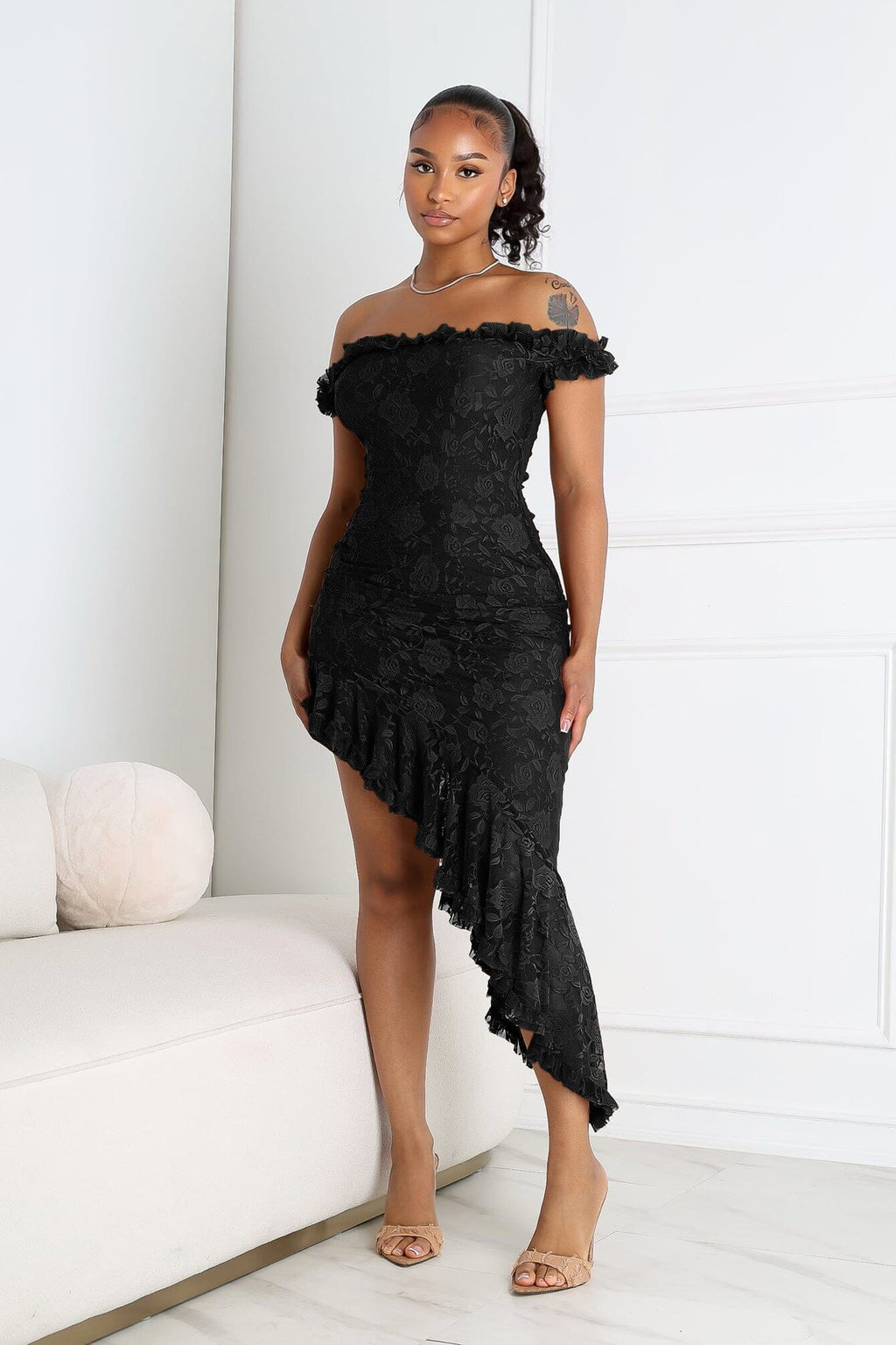 Asym Ruffle Muse Off Shoulder Midi Dress