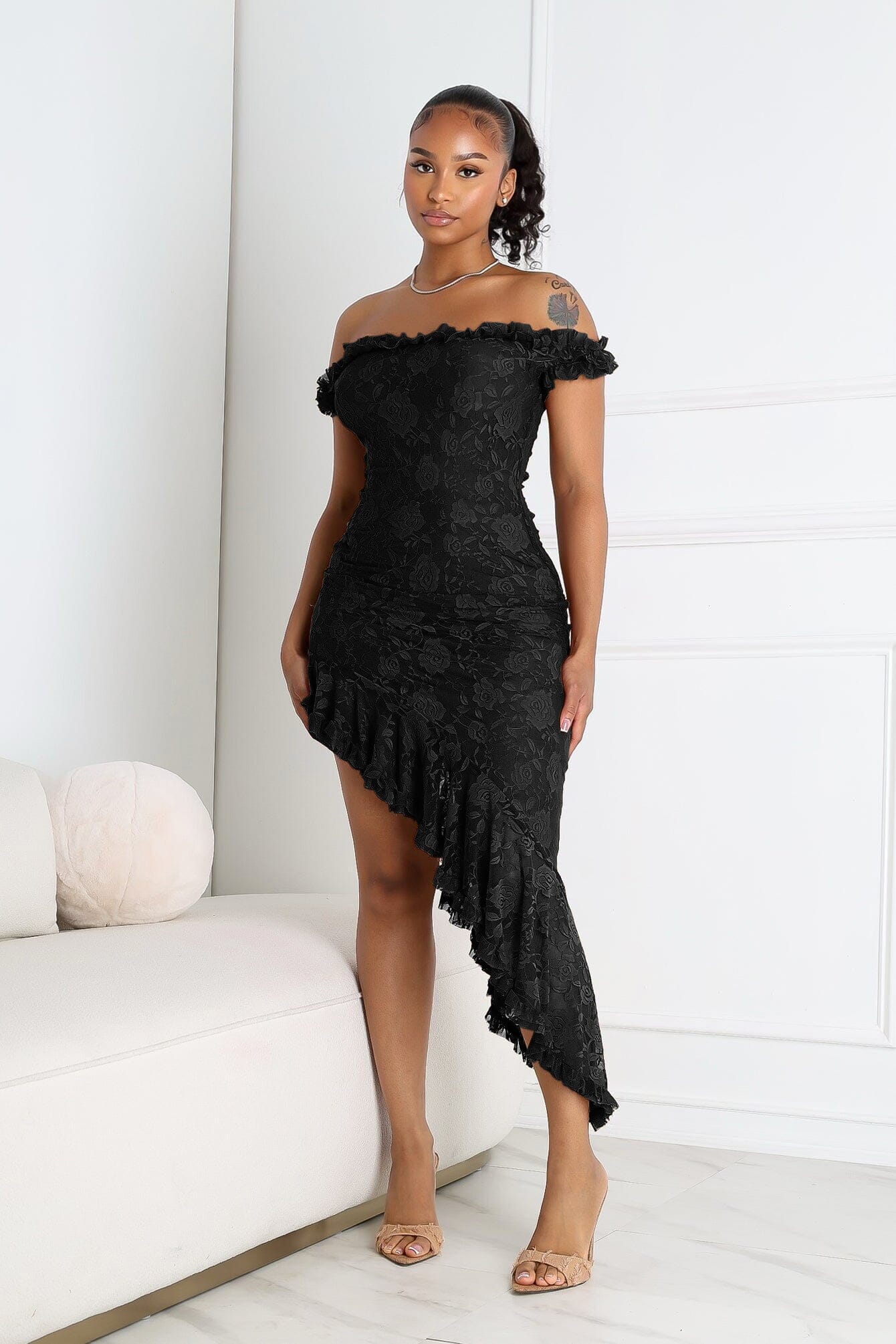 Asym Ruffle Muse Off Shoulder Midi Dress
