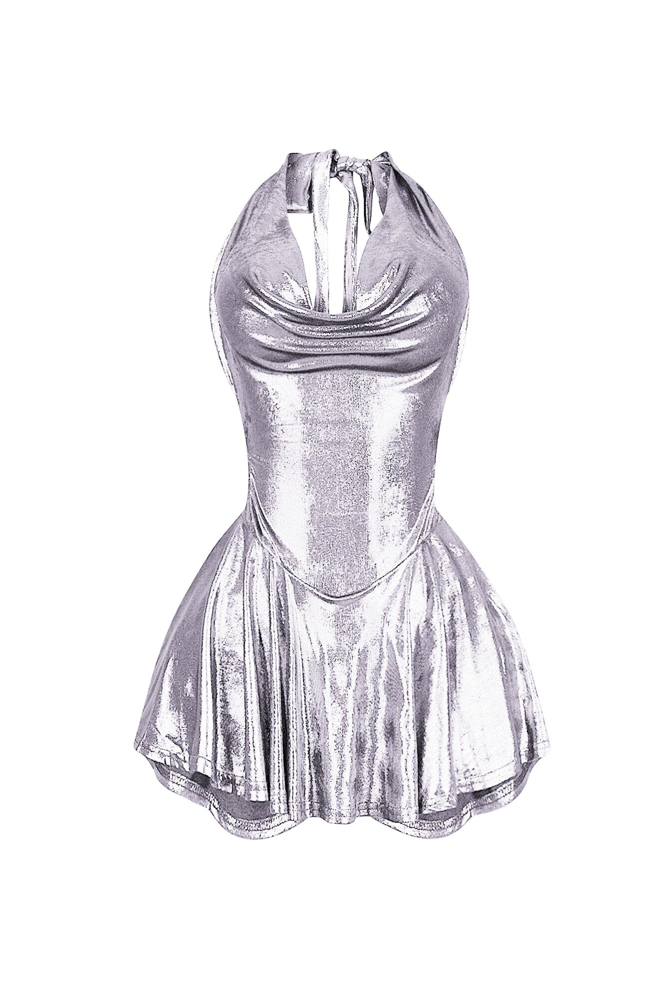 Lilybeth Foil Halter Flare Mini Dress