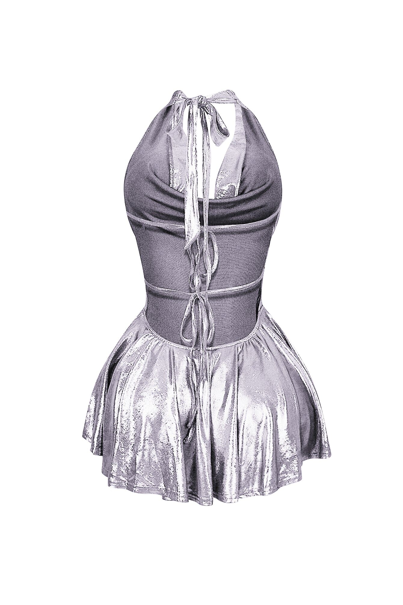 Lilybeth Foil Halter Flare Mini Dress