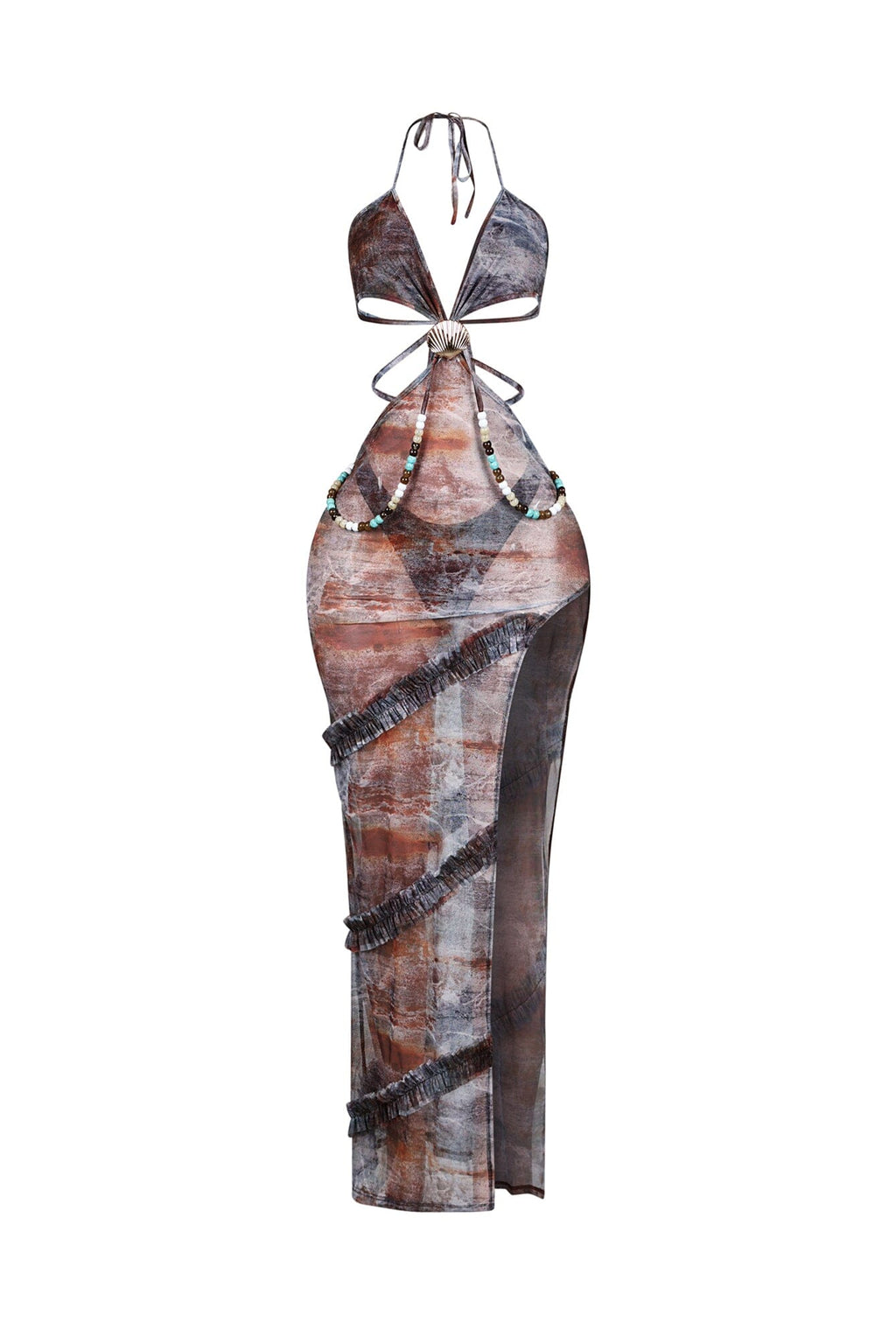 Beaded Seashell Mesh Halter Maxi Dress