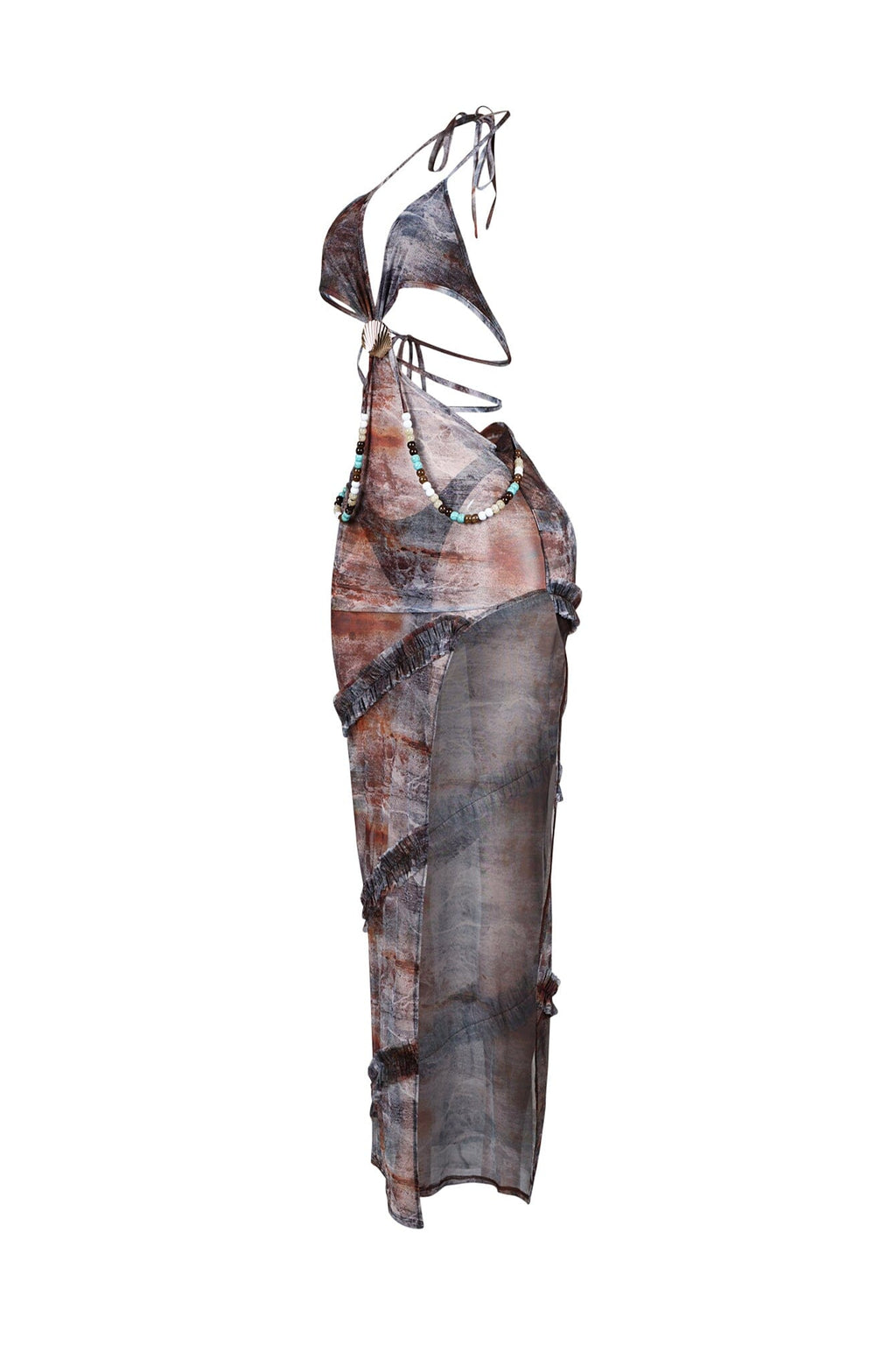 Beaded Seashell Mesh Halter Maxi Dress