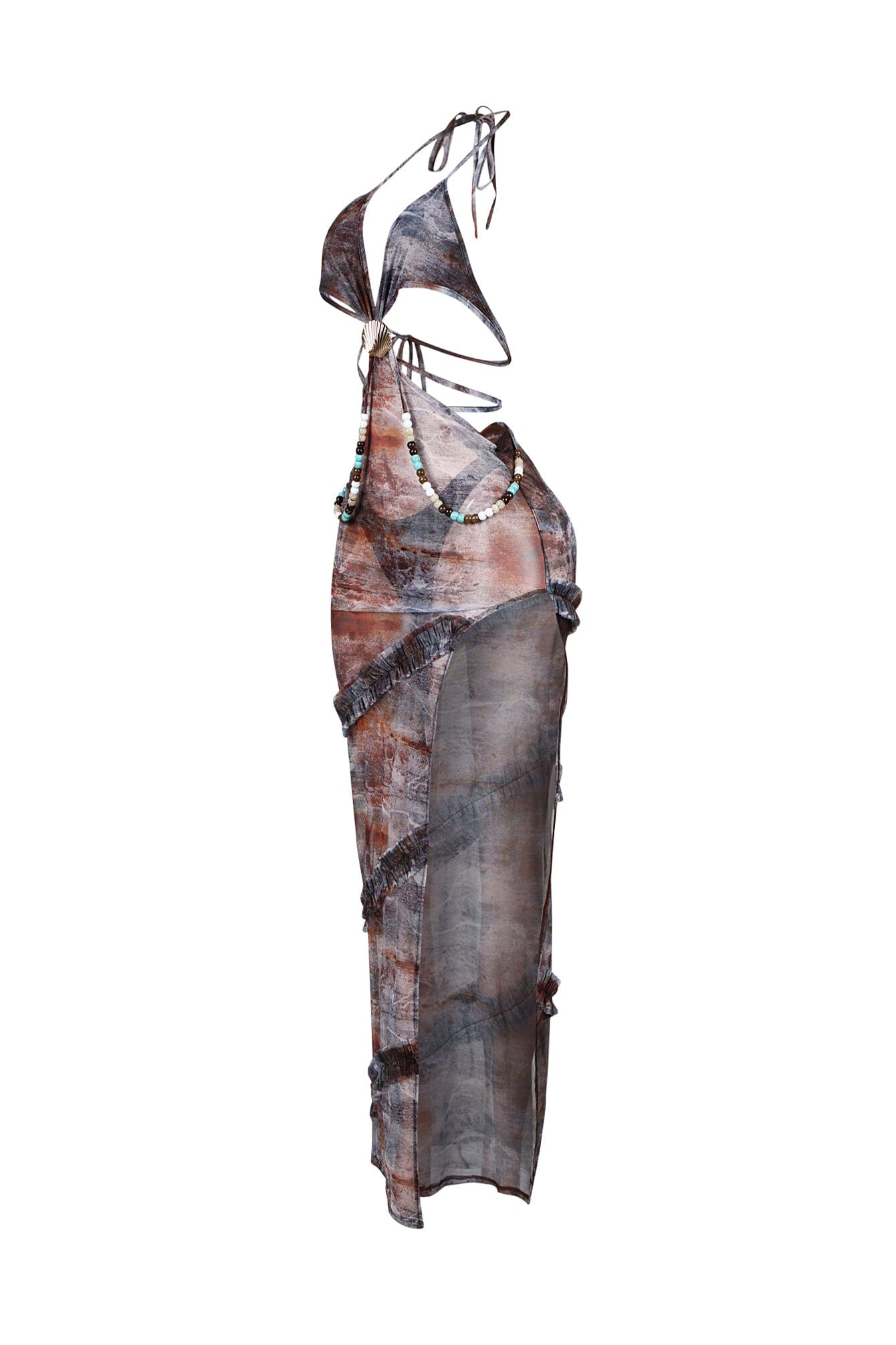 Beaded Seashell Mesh Halter Maxi Dress