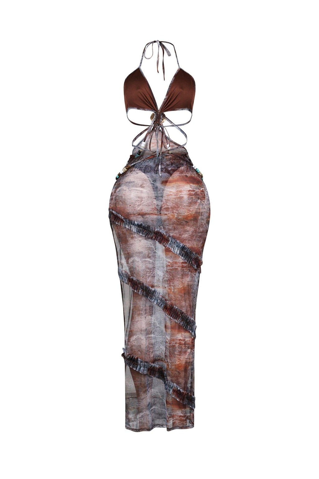 Beaded Seashell Mesh Halter Maxi Dress