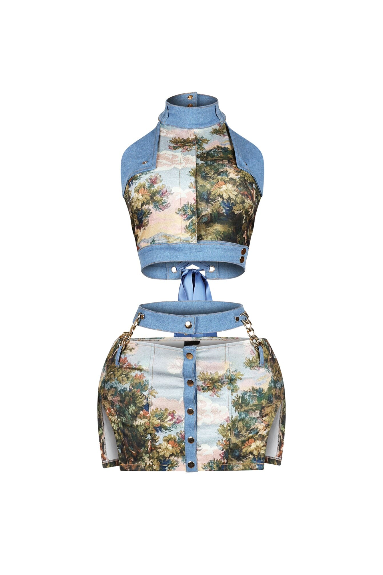 Florabound Denim Cutout Top & Skirt SET