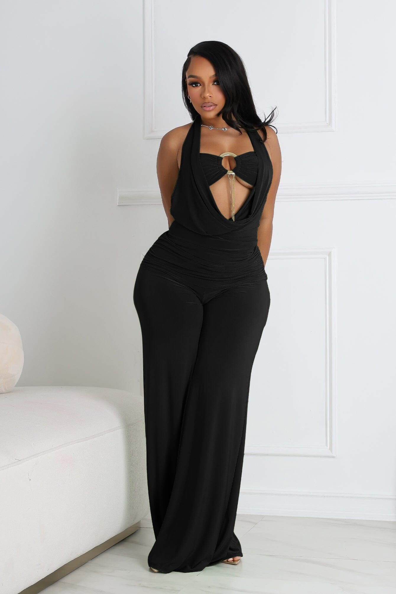 Plunge Cowl Neck Jumpsuit with Tube Top