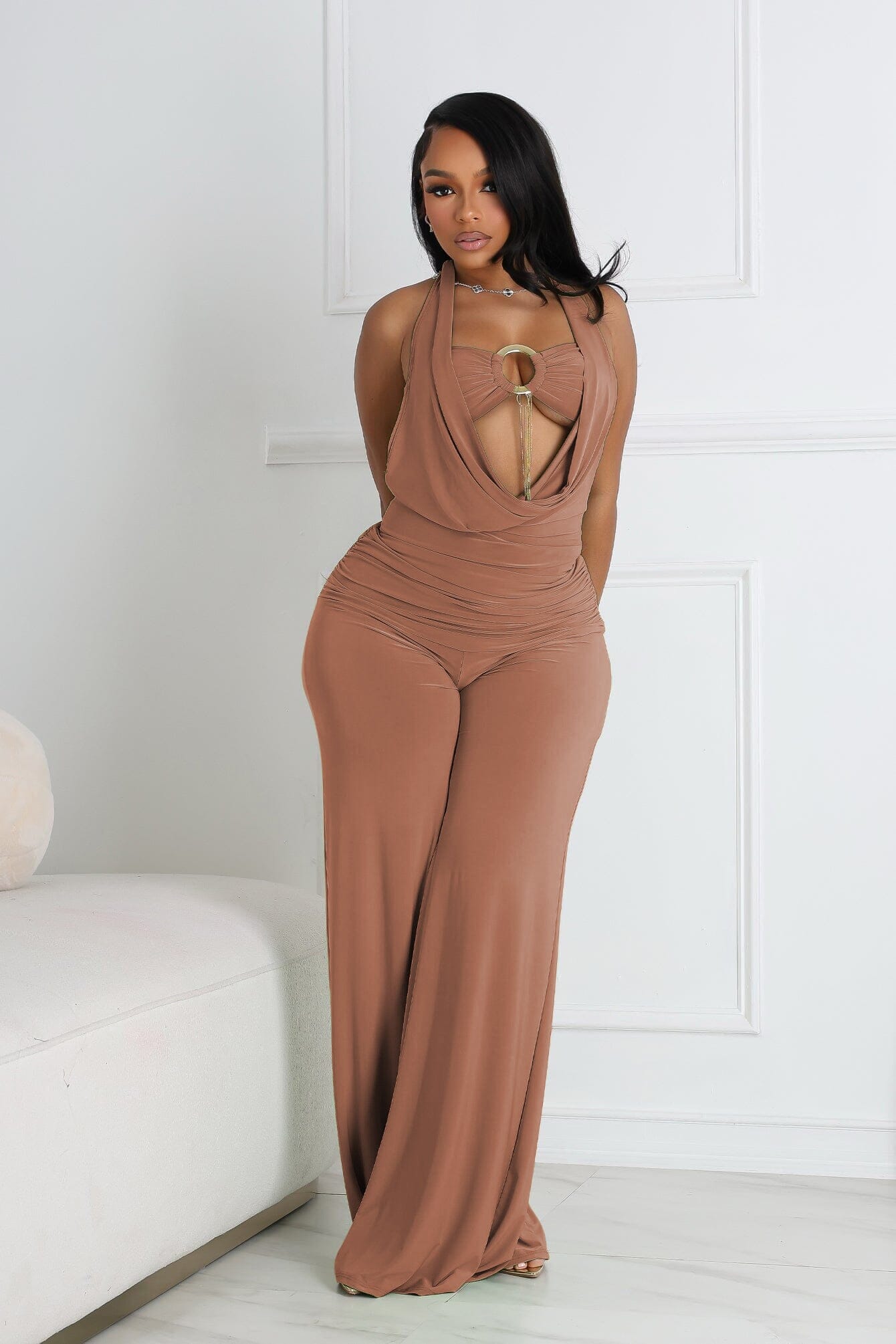 Plunge Cowl Neck Jumpsuit with Tube Top