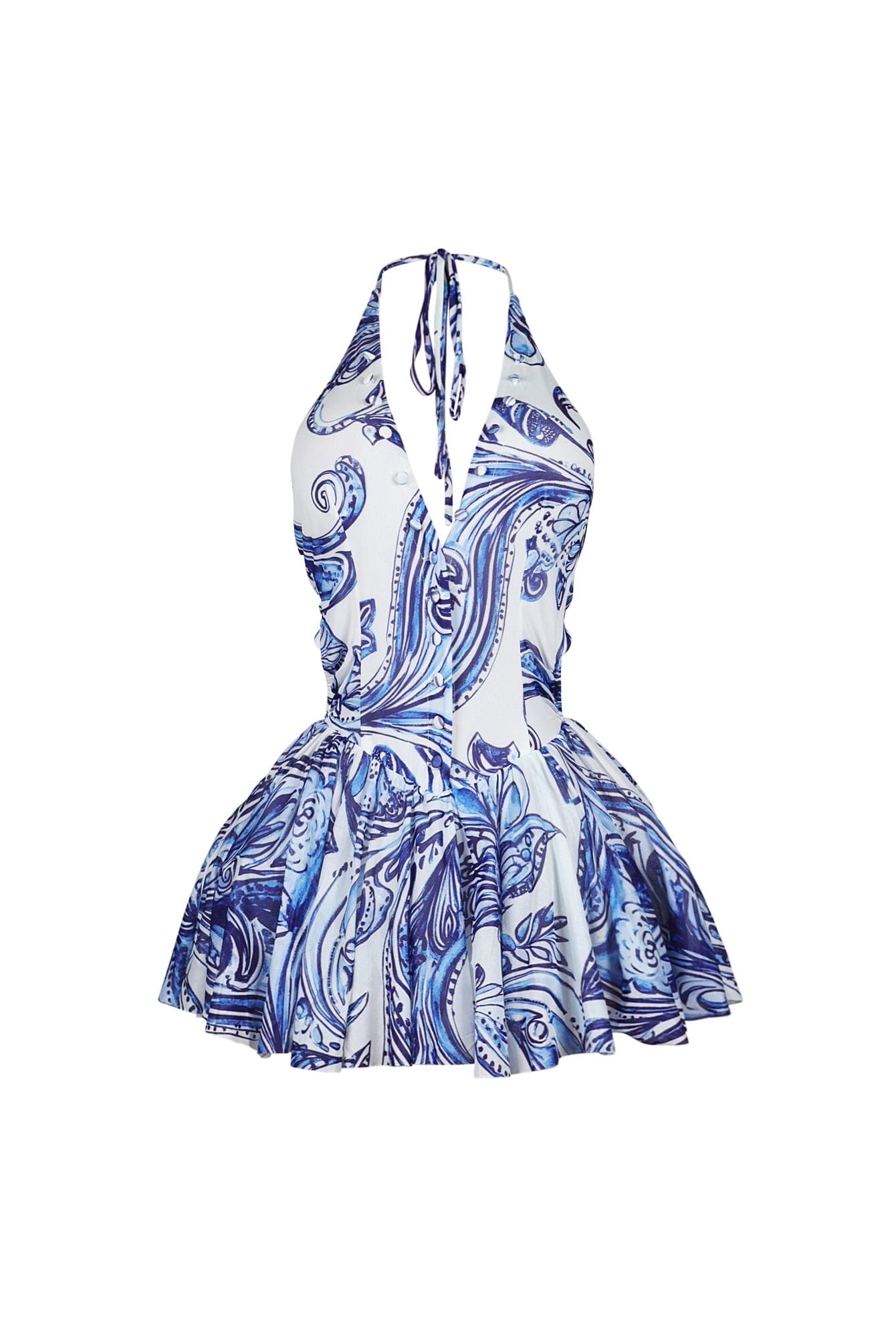 Azure Mesh Print Halter Mini Dress
